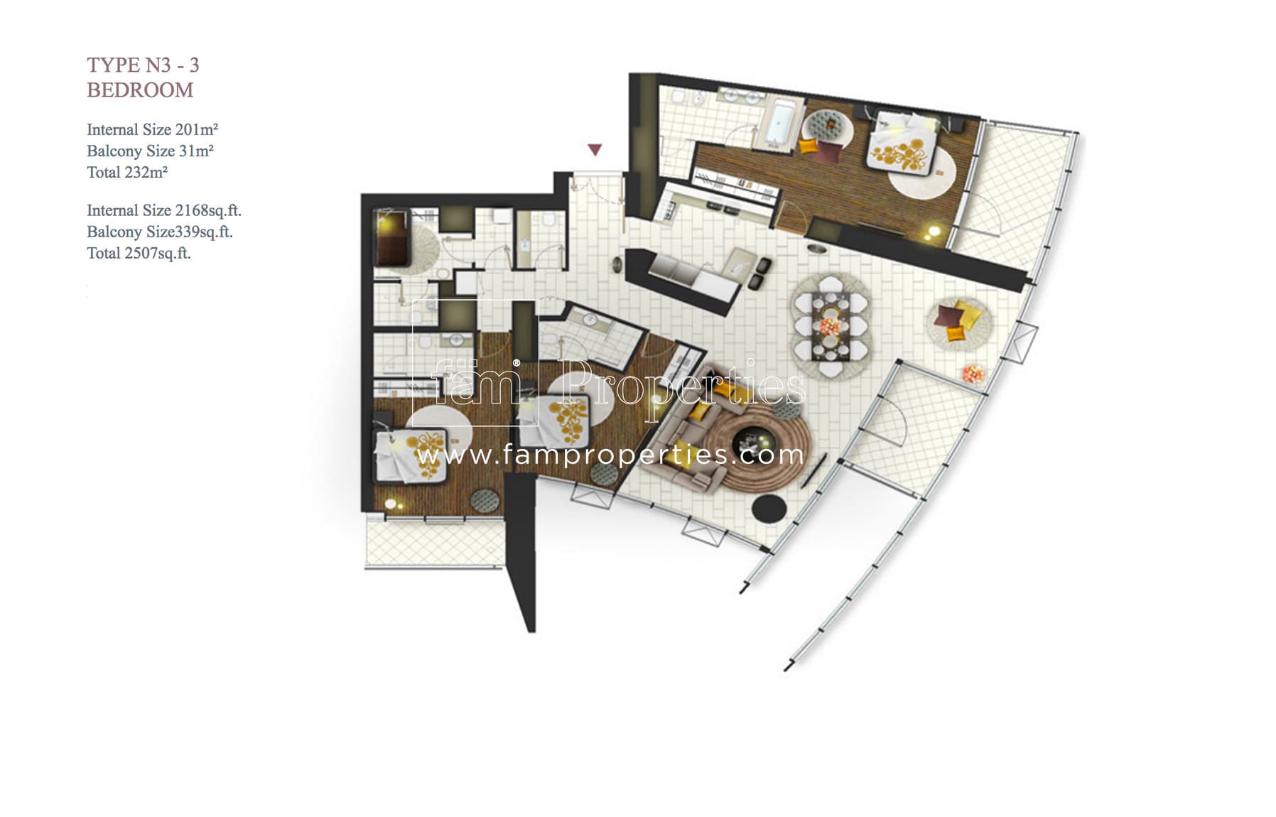 D1 Tower, 3-Bed Floor Plan, type: Type N3 - 3 Bedroom