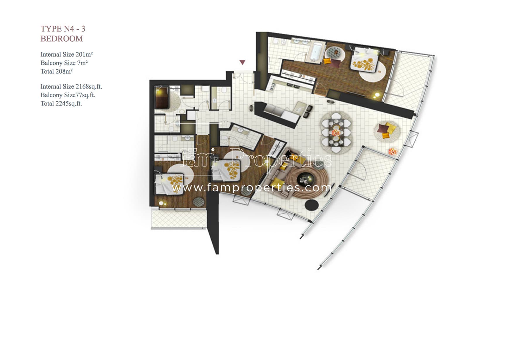 D1 Tower, 3-Bed Floor Plan, type: Type N4 - 3 Bedroom