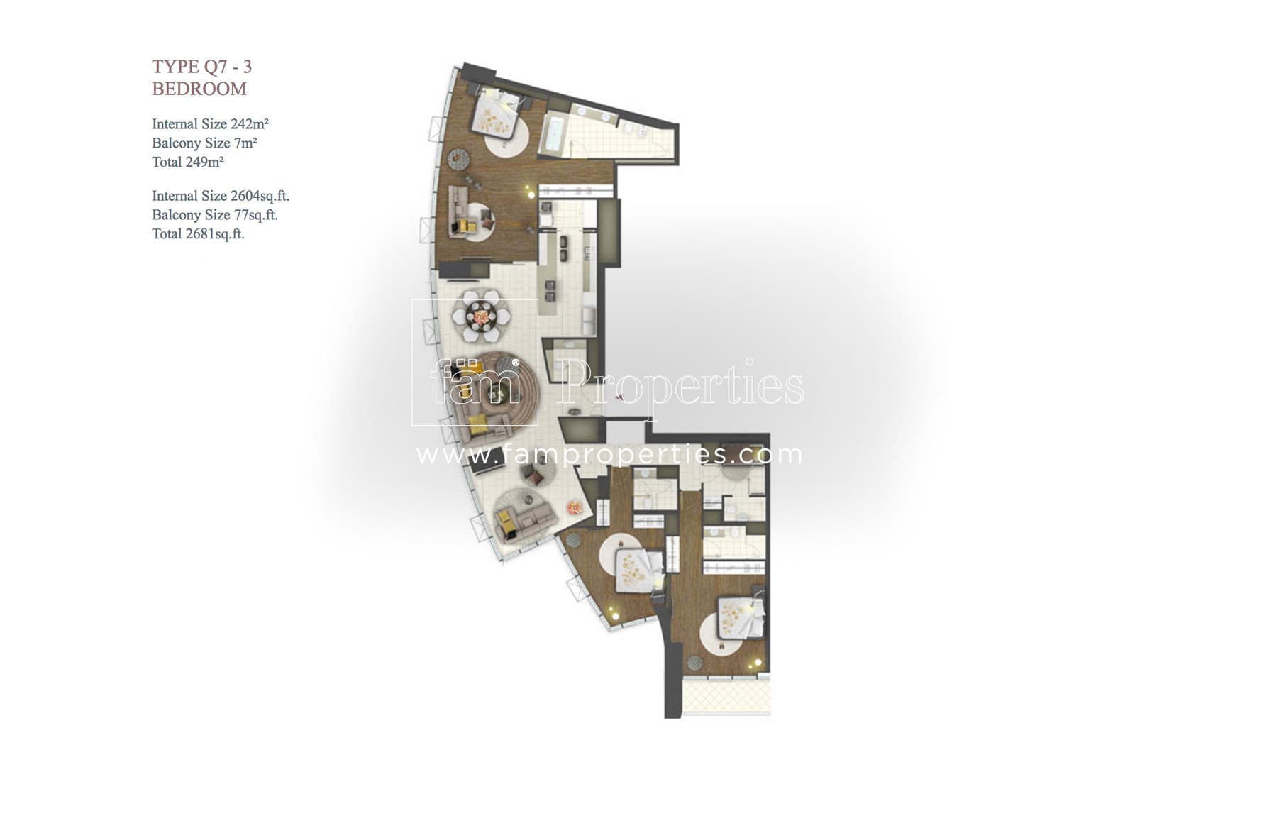 D1 Tower, 3-Bed Floor Plan, type: Type Q7 - 3 Bedroom