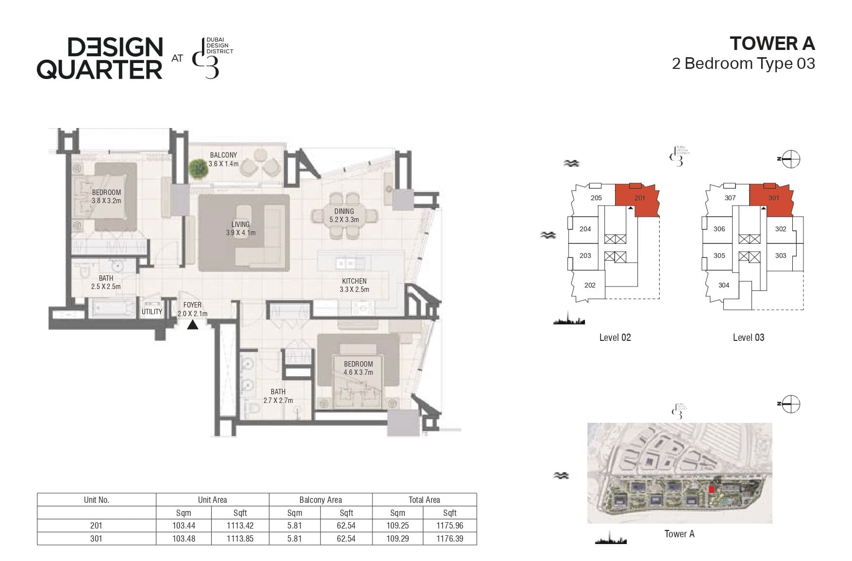 Design Quarter - Tower A, 2-Bed Floor Plan, type: 2 Bedroom