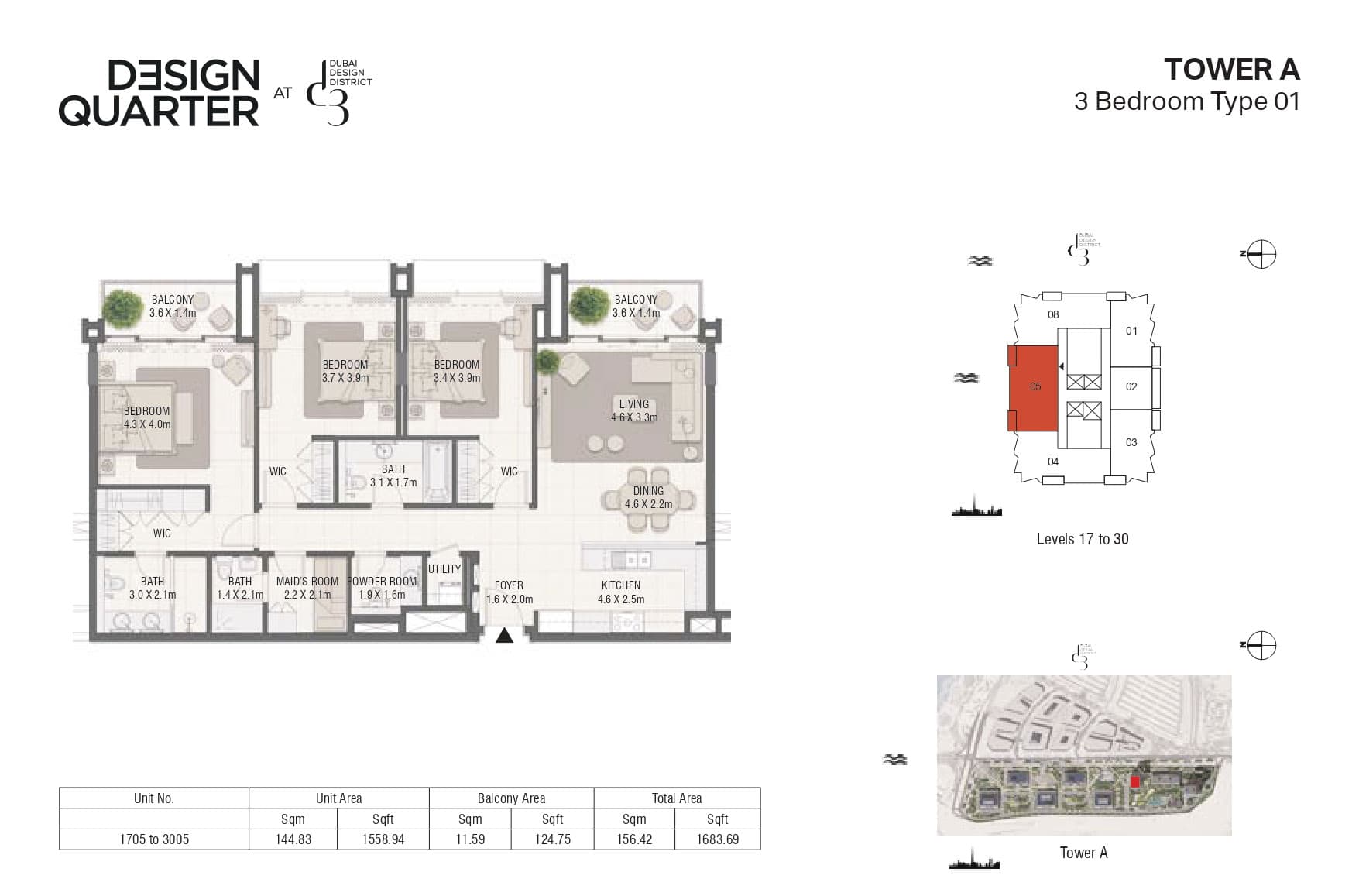 Design Quarter - Tower A, 3-Bed Floor Plan, type: 3 Bedroom