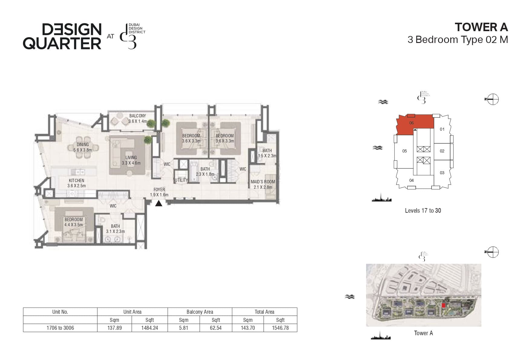 Design Quarter - Tower A, 3-Bed Floor Plan, type: 3 Bedroom