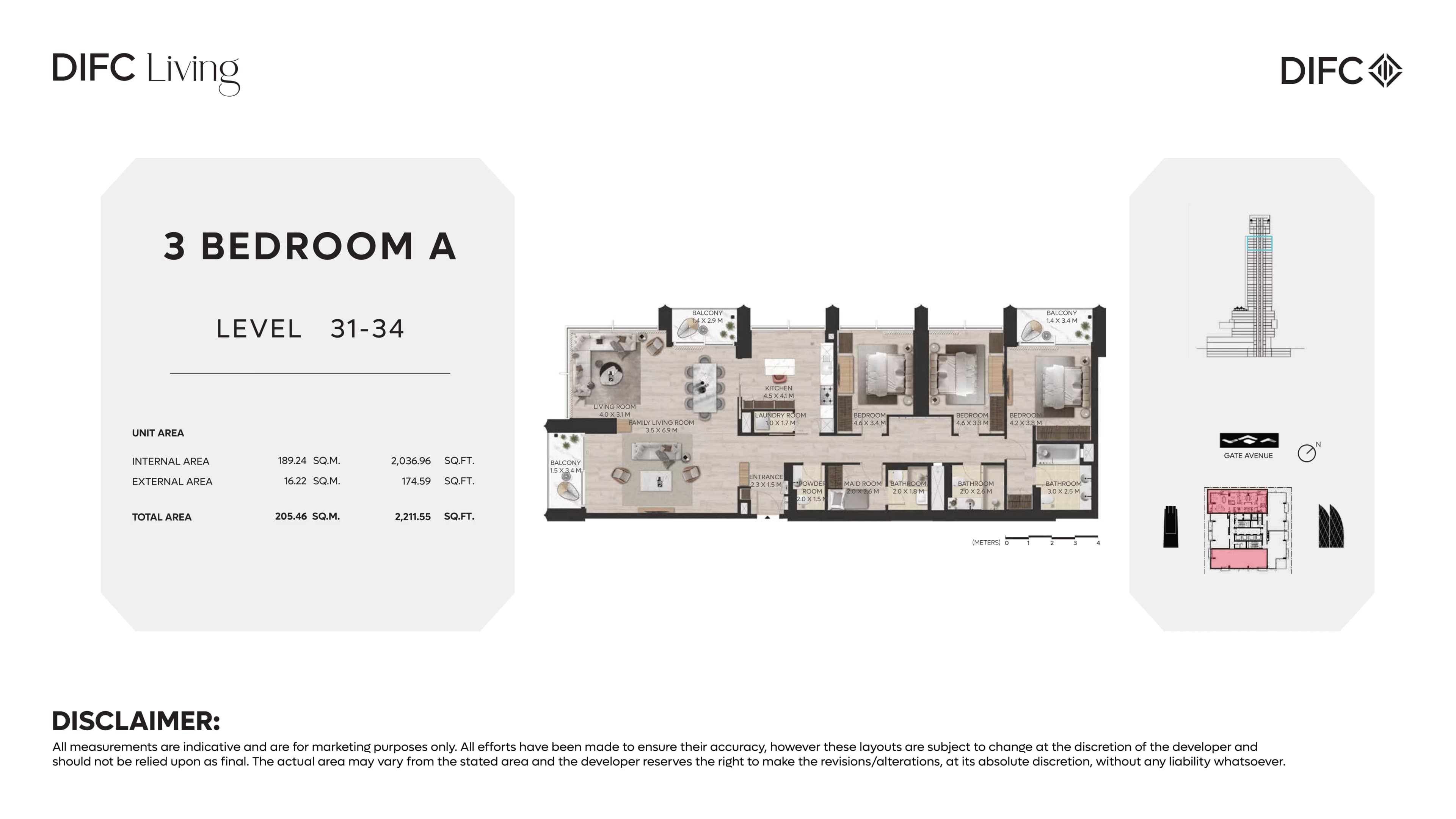 DIFC Living, 3-Bed Floor Plan, type: