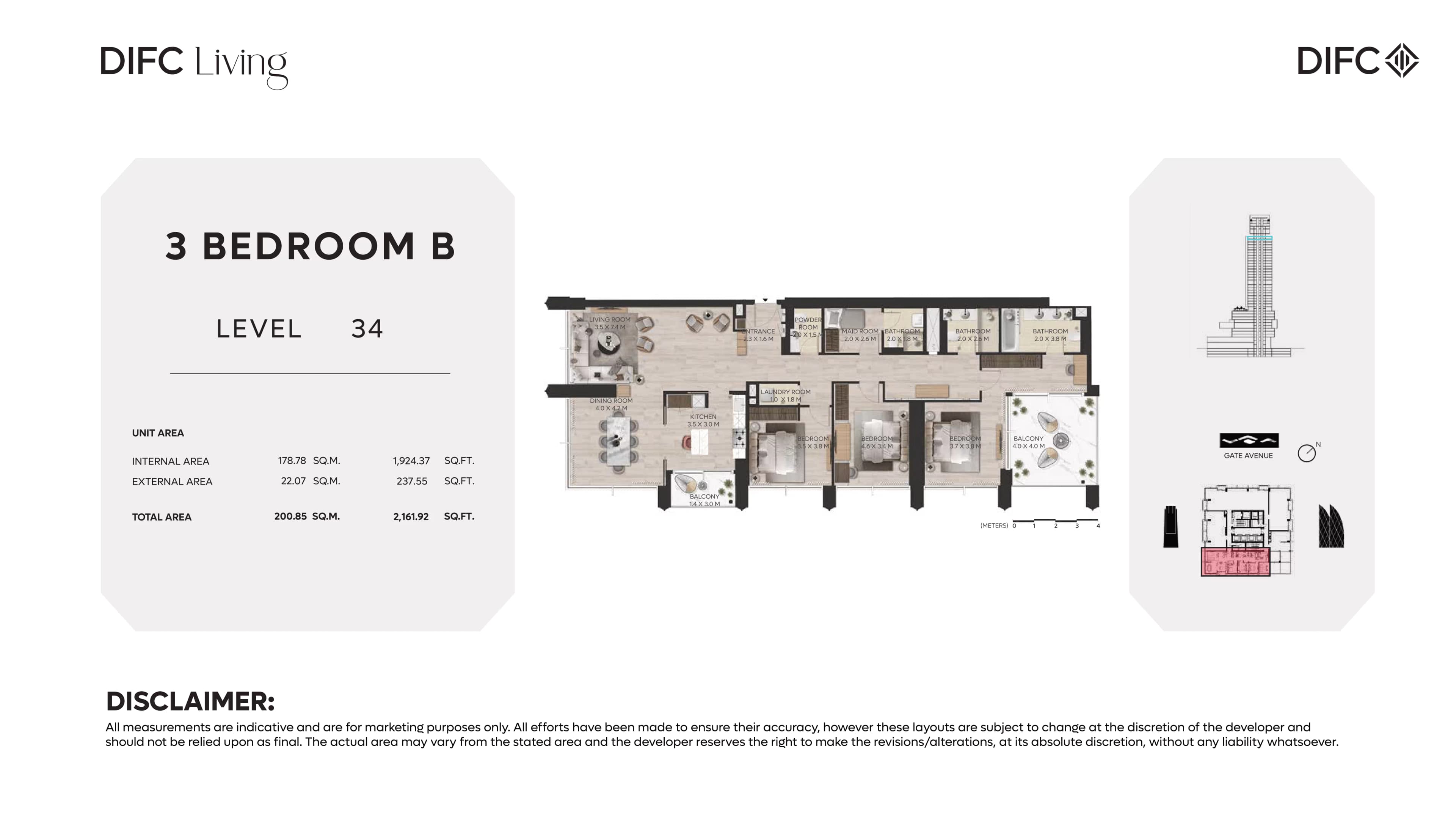 DIFC Living, 3-Bed Floor Plan, type: