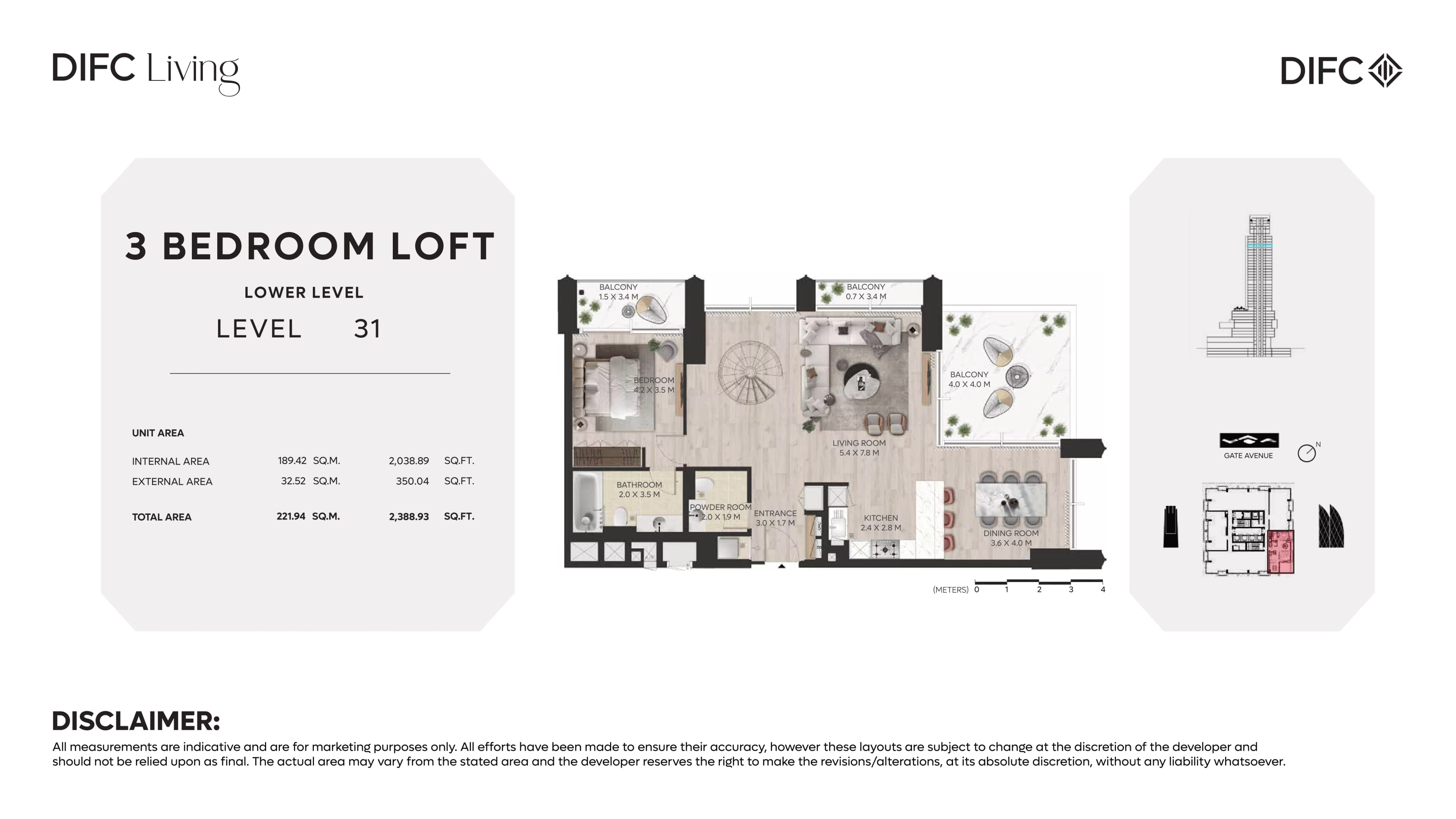 DIFC Living, 3-Bed Floor Plan, type: