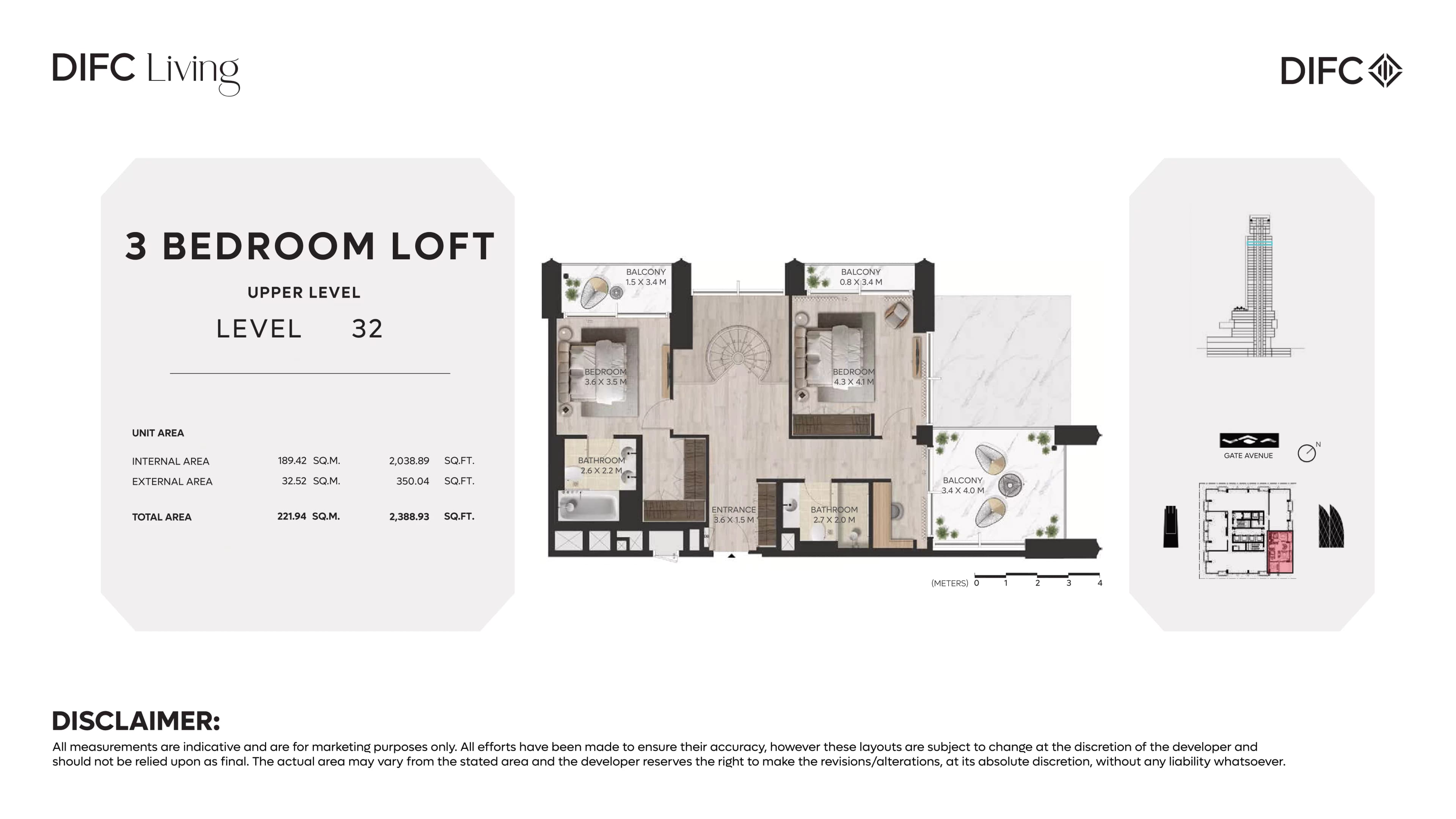 DIFC Living, 3-Bed Floor Plan, type: