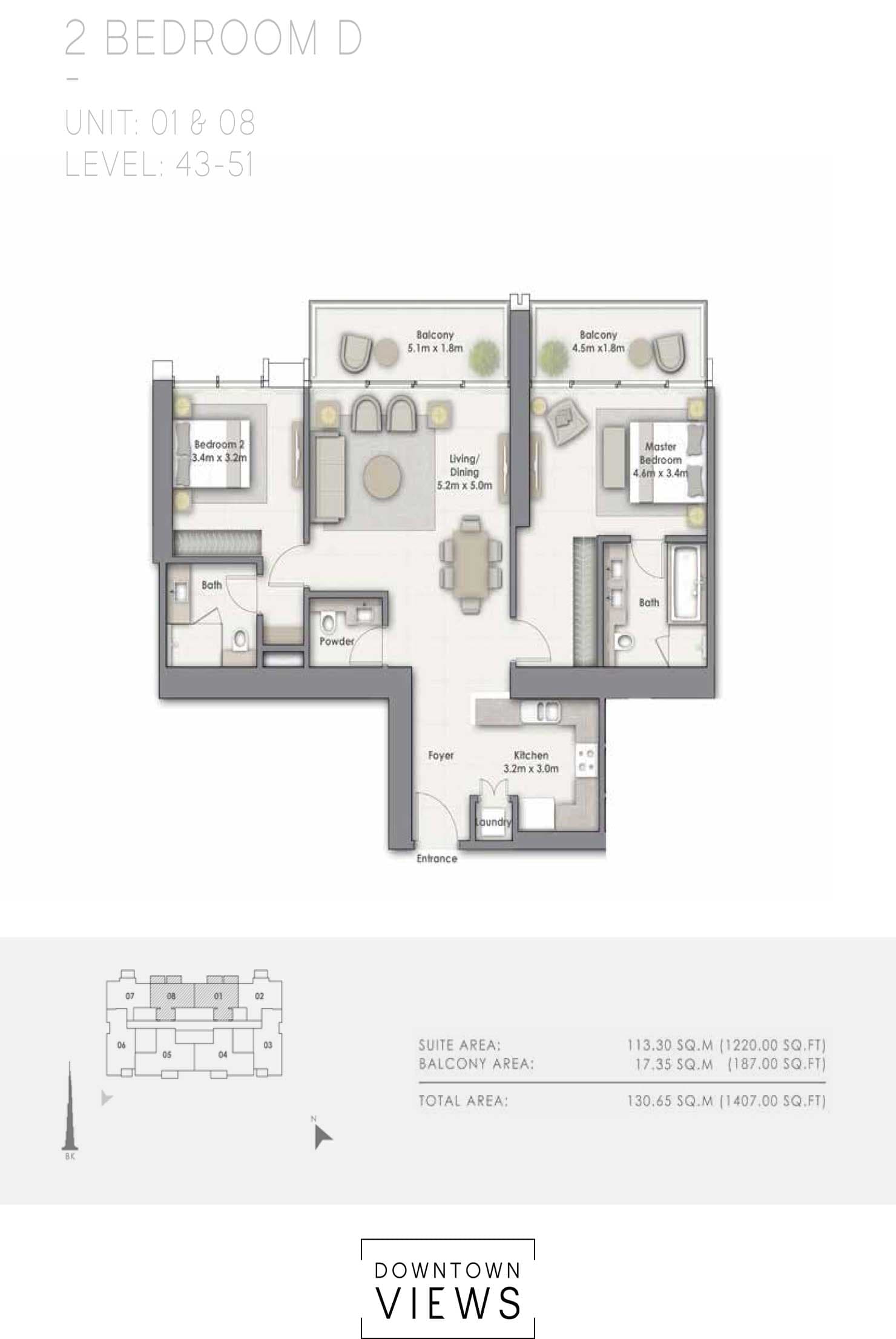 Downtown Views 1, 2-Bed Floor Plan, type: D Unit 01, 08