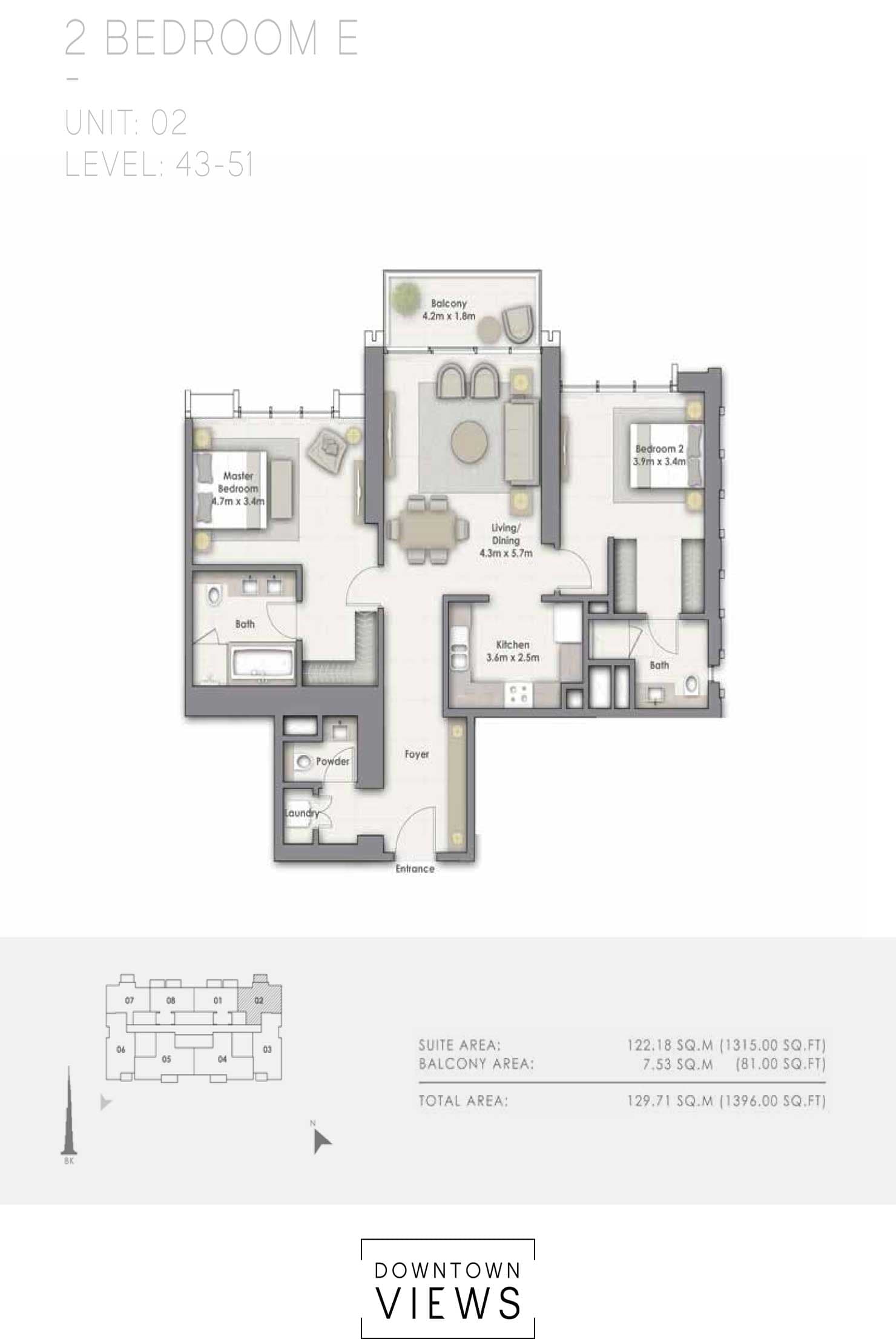 Downtown Views 1, 2-Bed Floor Plan, type: E Unit 02