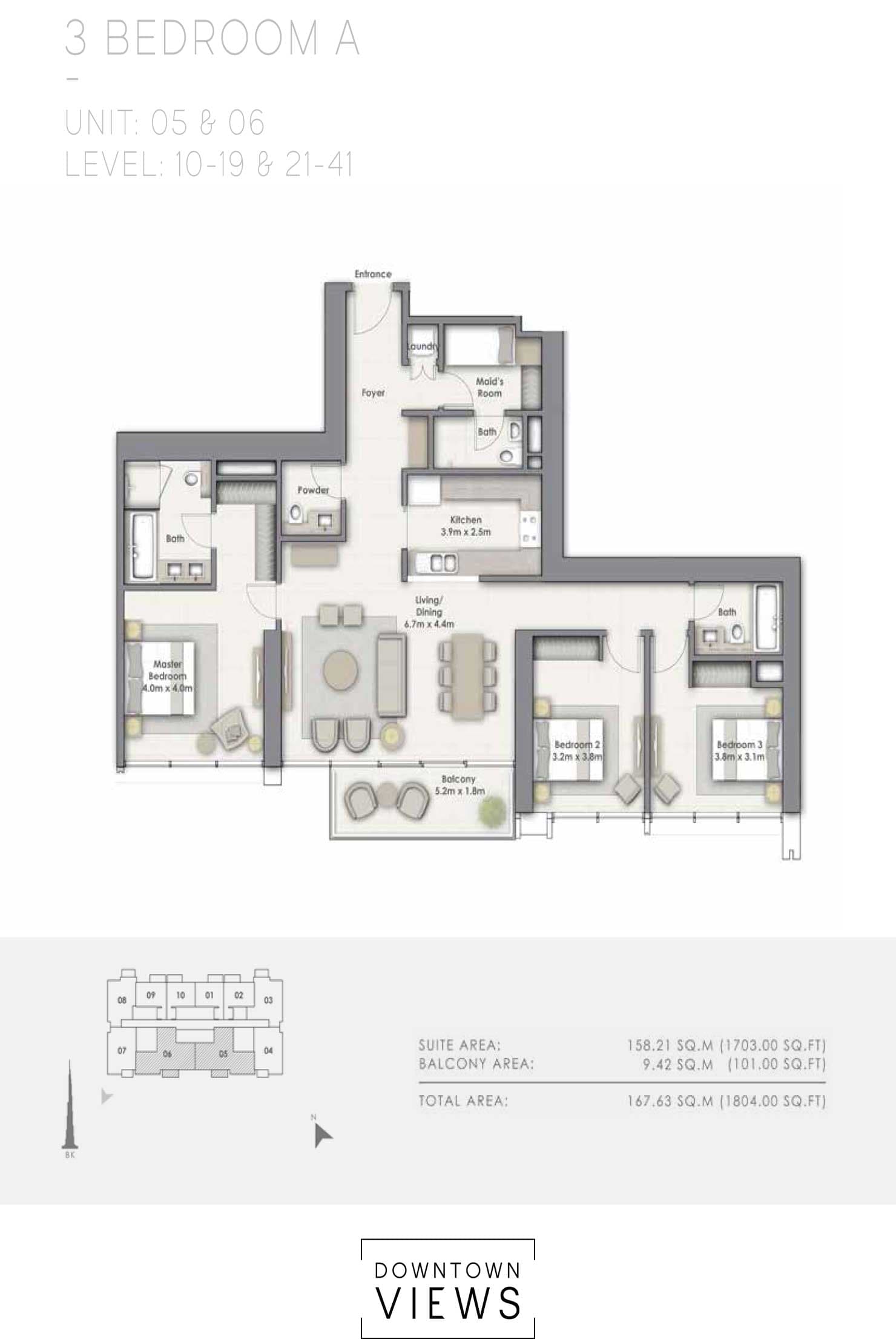 Downtown Views 1, 3-Bed Floor Plan, type: A Unit 05, 06