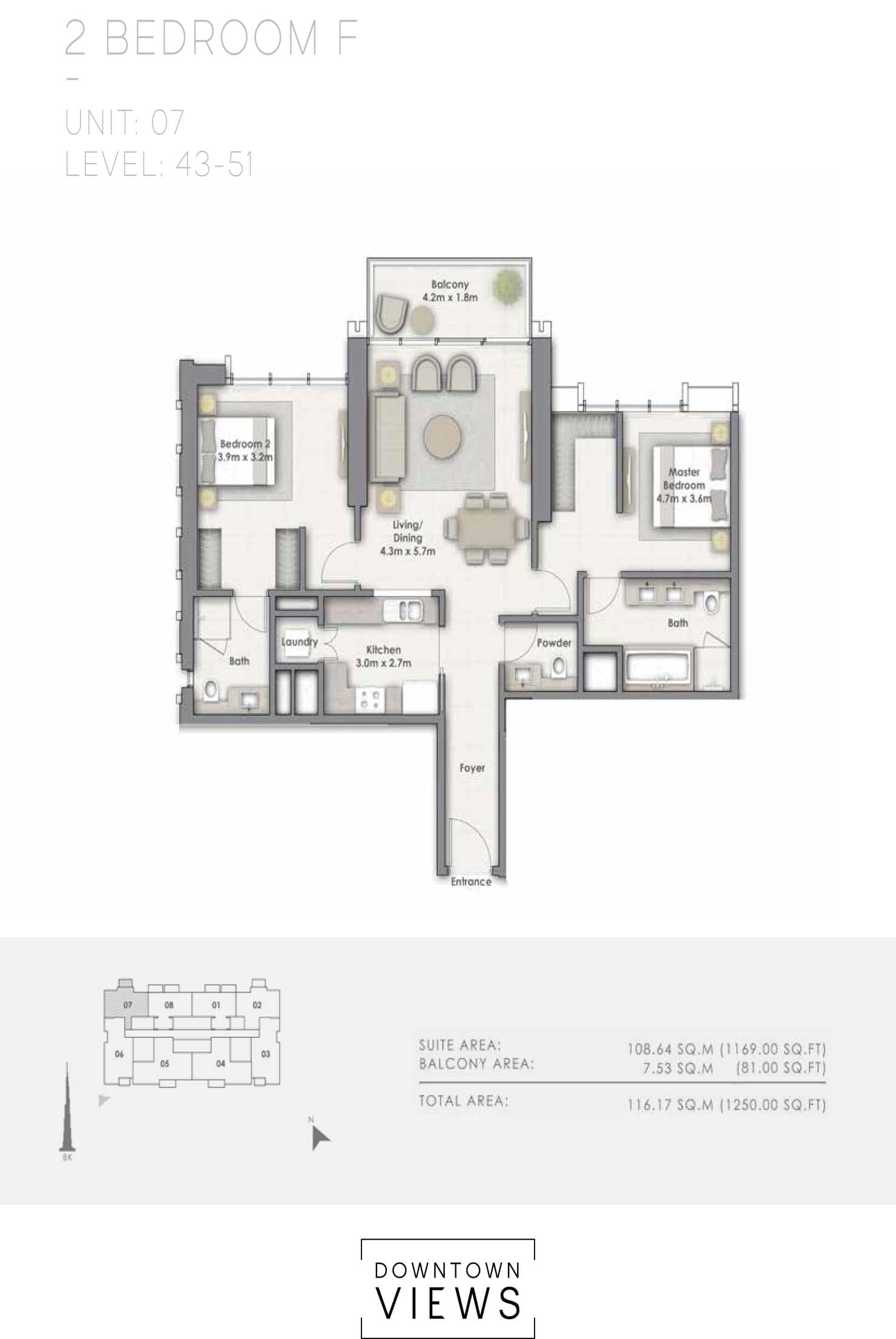 Downtown Views 1, 2-Bed Floor Plan, type: F Unit 07