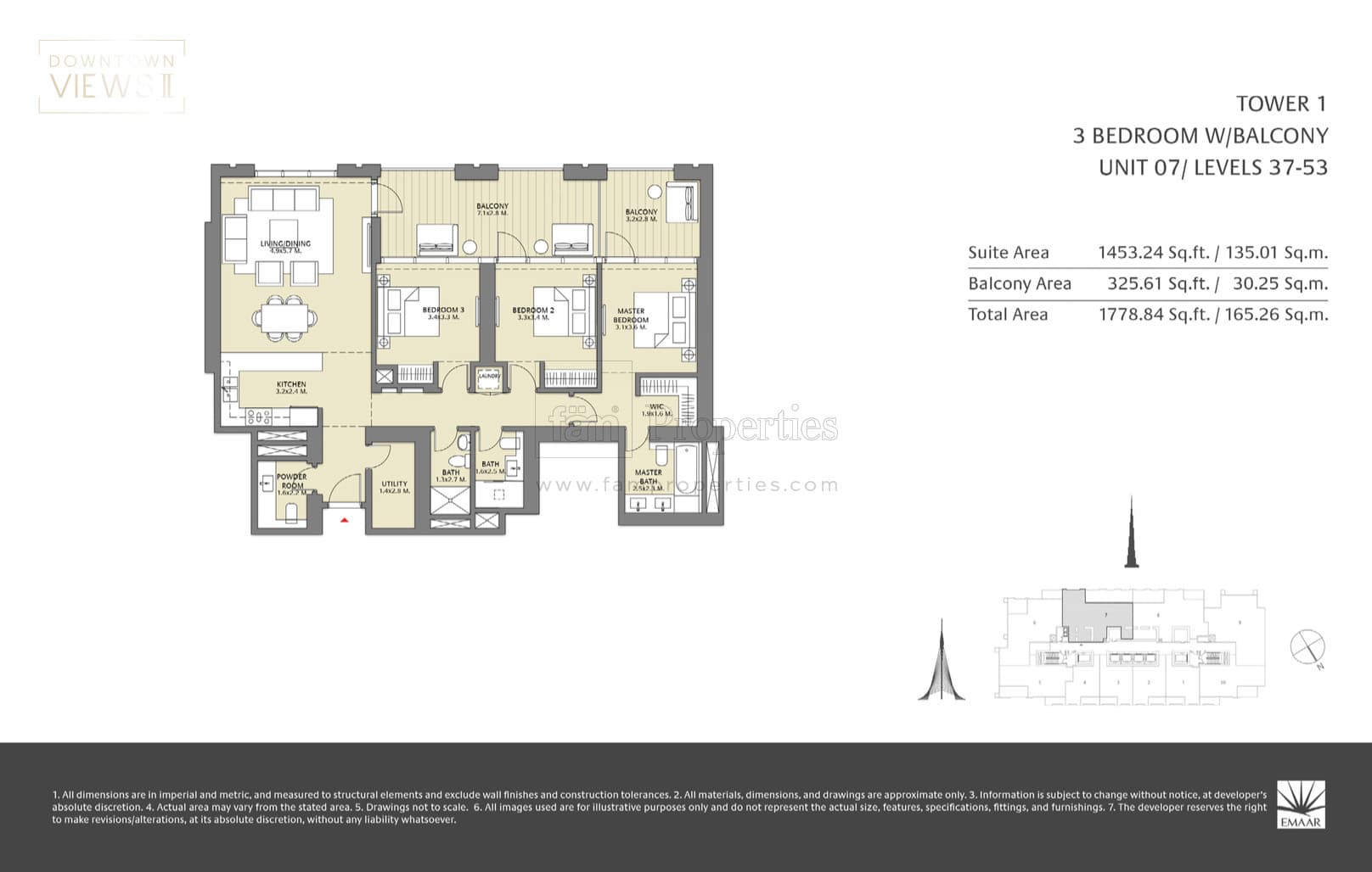 Downtown Views 2, 3-Bed Floor Plan, type: 3 Bedroom w Balcony