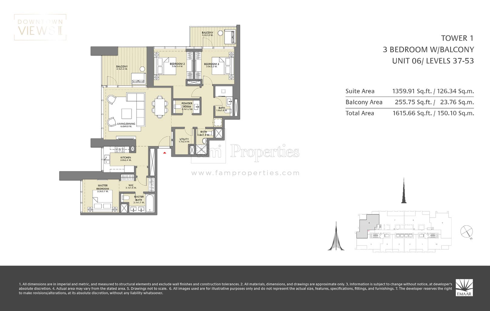 Downtown Views 2, 3-Bed Floor Plan, type: 3 Bed with Balcony