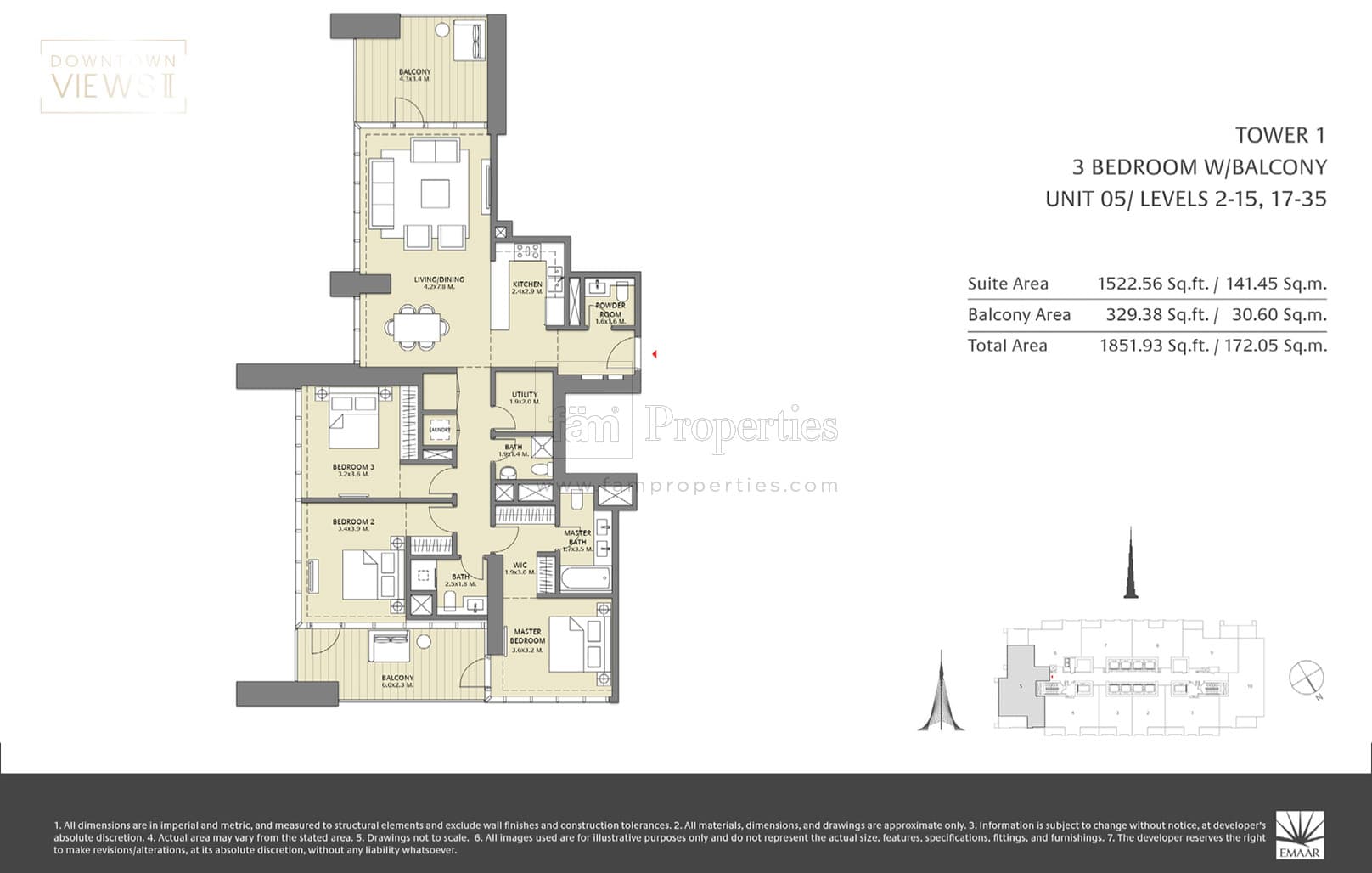 Downtown Views 2, 3-Bed Floor Plan, type: 3 Bed with Balcony