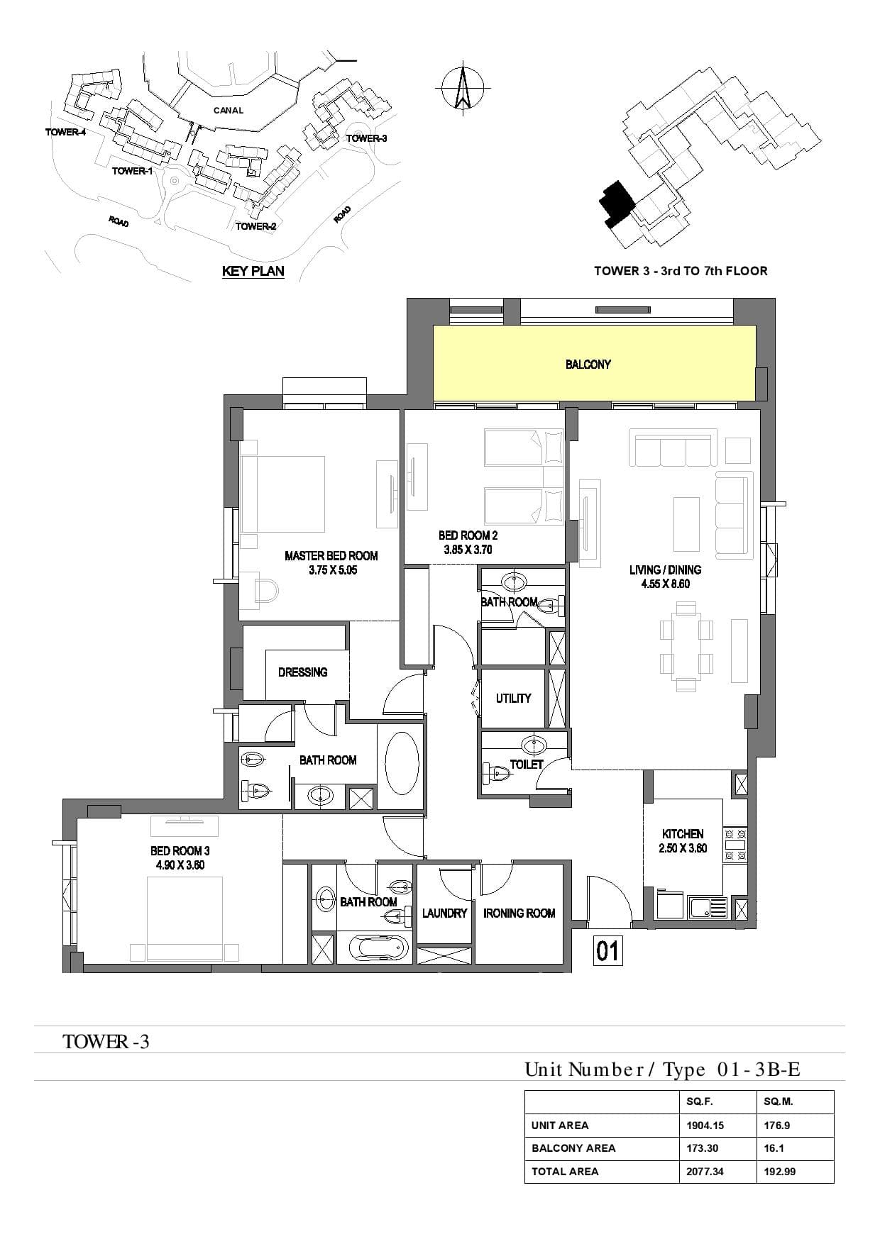 Dubai Wharf, 3-Bed Floor Plan, type: 3 Bedroom End Unit