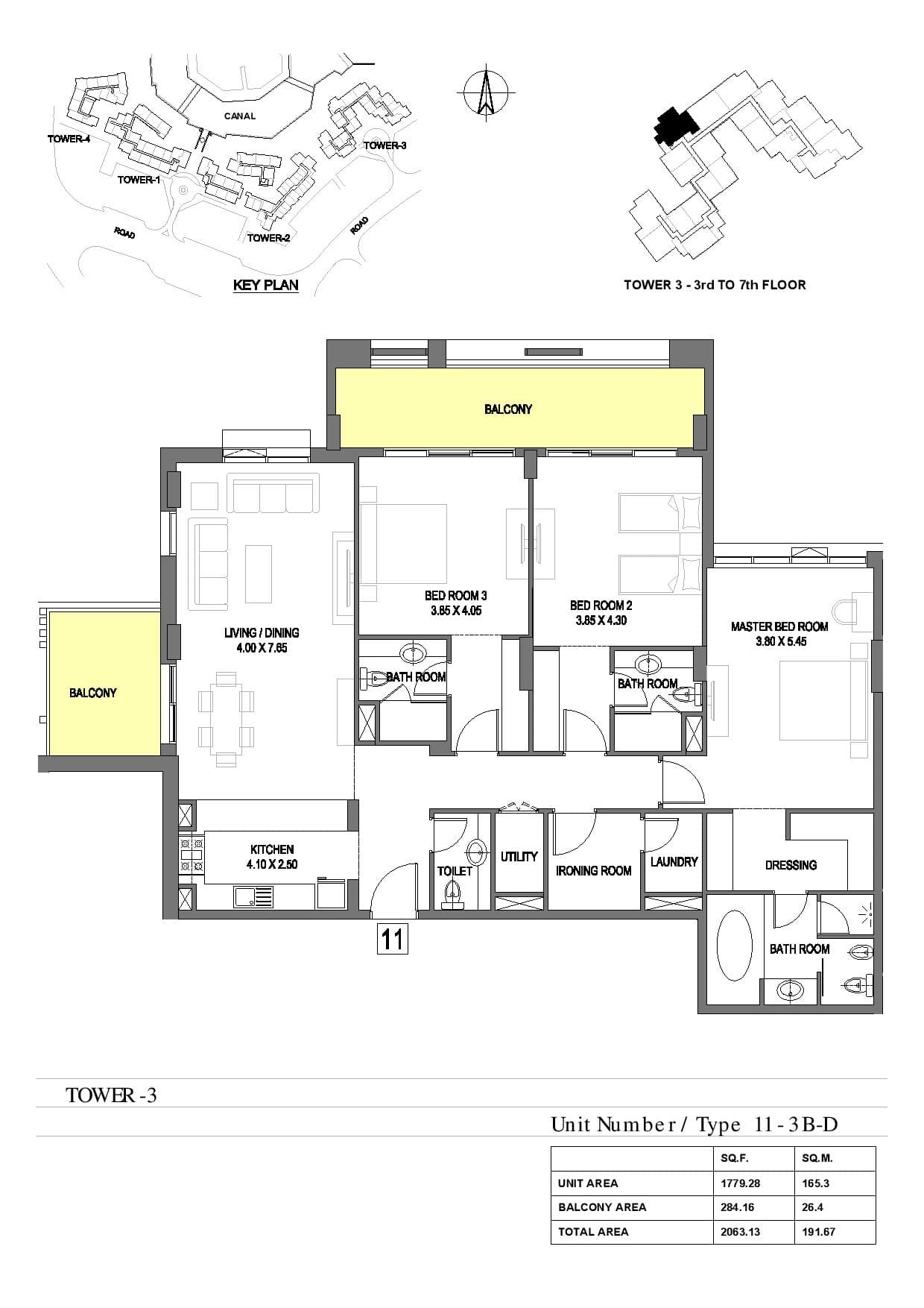 Dubai Wharf, 3-Bed Floor Plan, type: 3 Bedroom