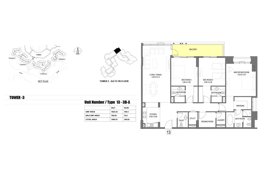 Dubai Wharf, 3-Bed Floor Plan, type: 13 - A