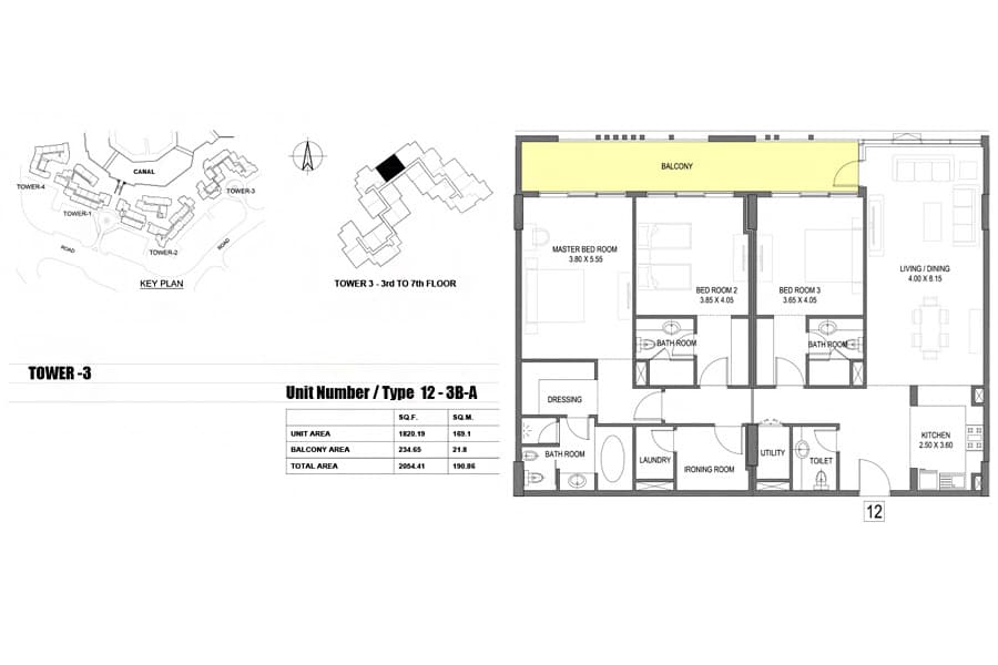 Dubai Wharf, 3-Bed Floor Plan, type: 12 - A