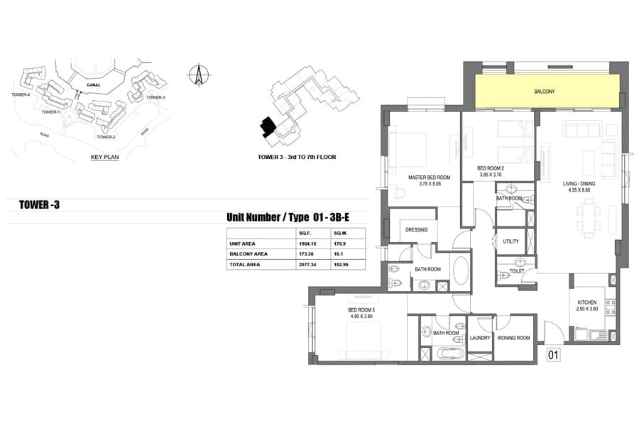 Dubai Wharf, 3-Bed Floor Plan, type: 01 - E