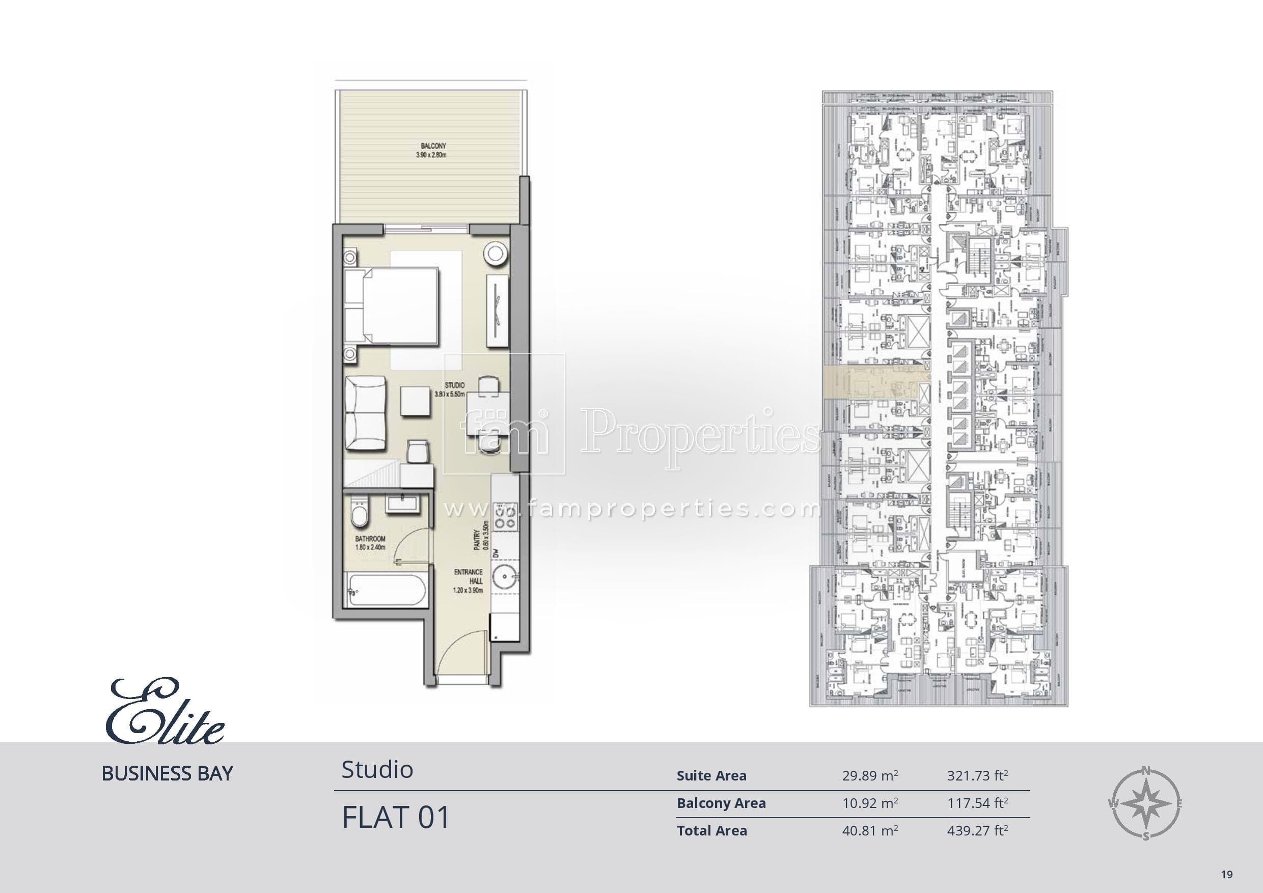 Elite Business Bay Residence, 0-Bed Floor Plan, type: Studio