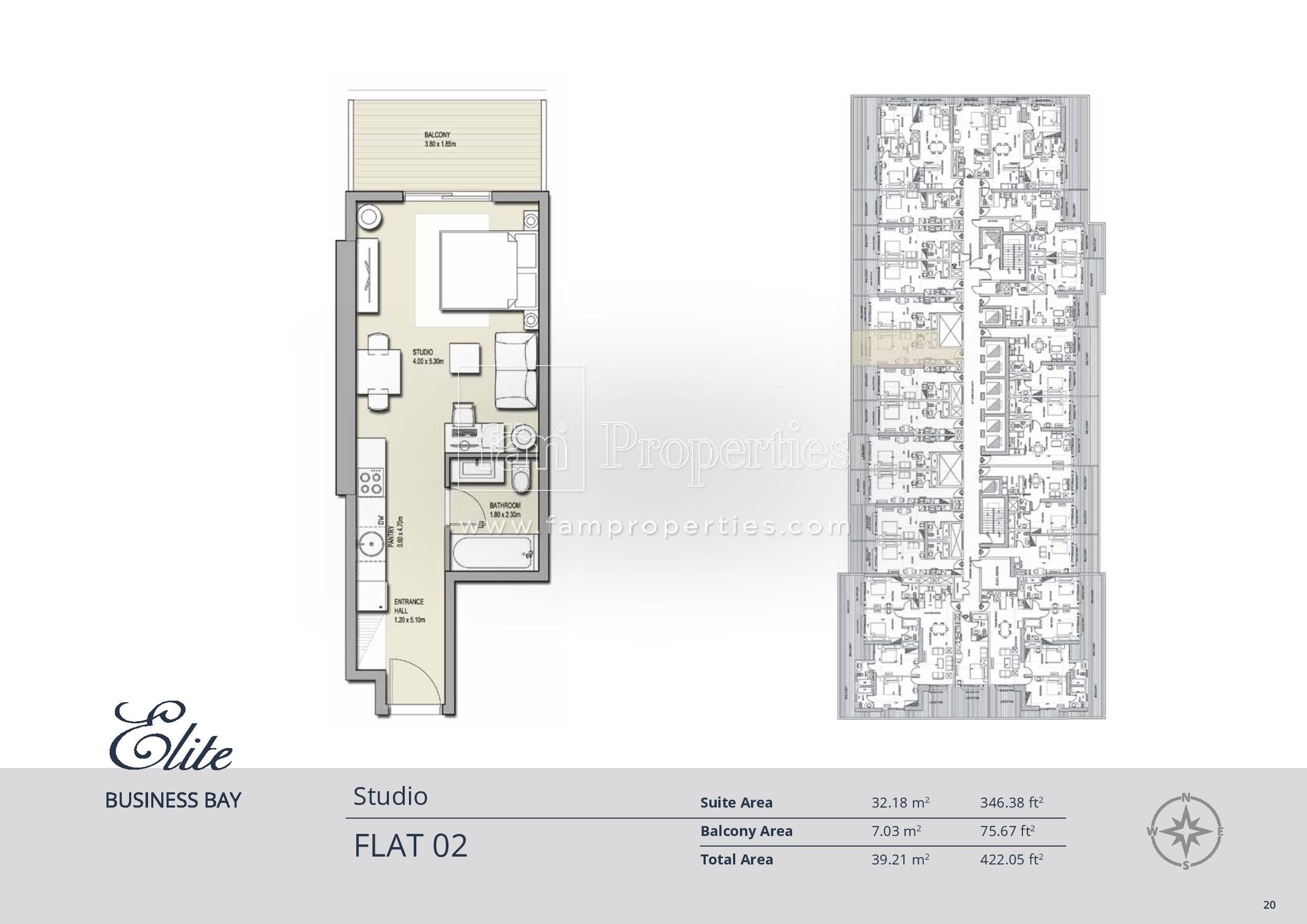 Elite Business Bay Residence, 0-Bed Floor Plan, type: Studio