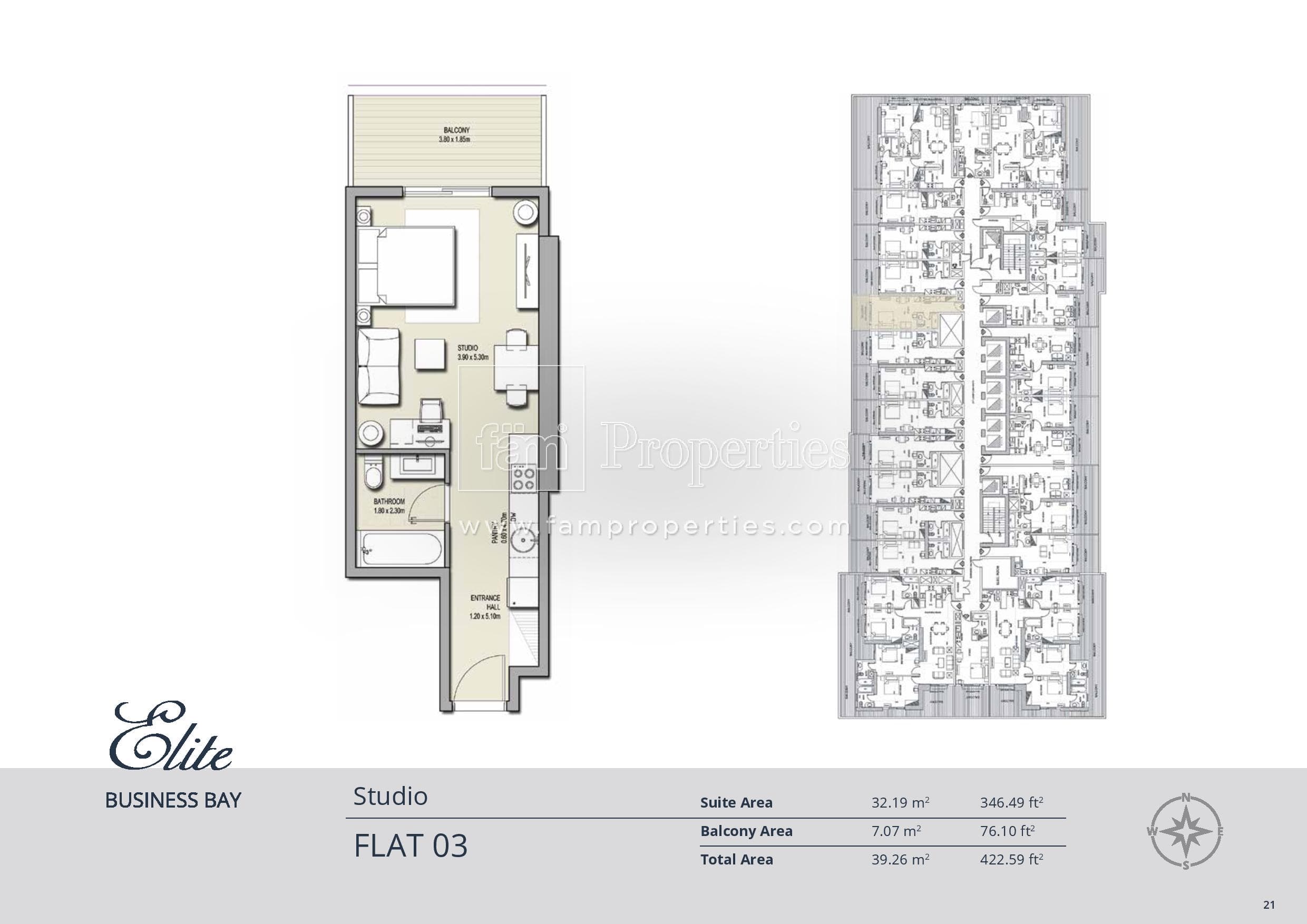 Elite Business Bay Residence, 0-Bed Floor Plan, type: Studio