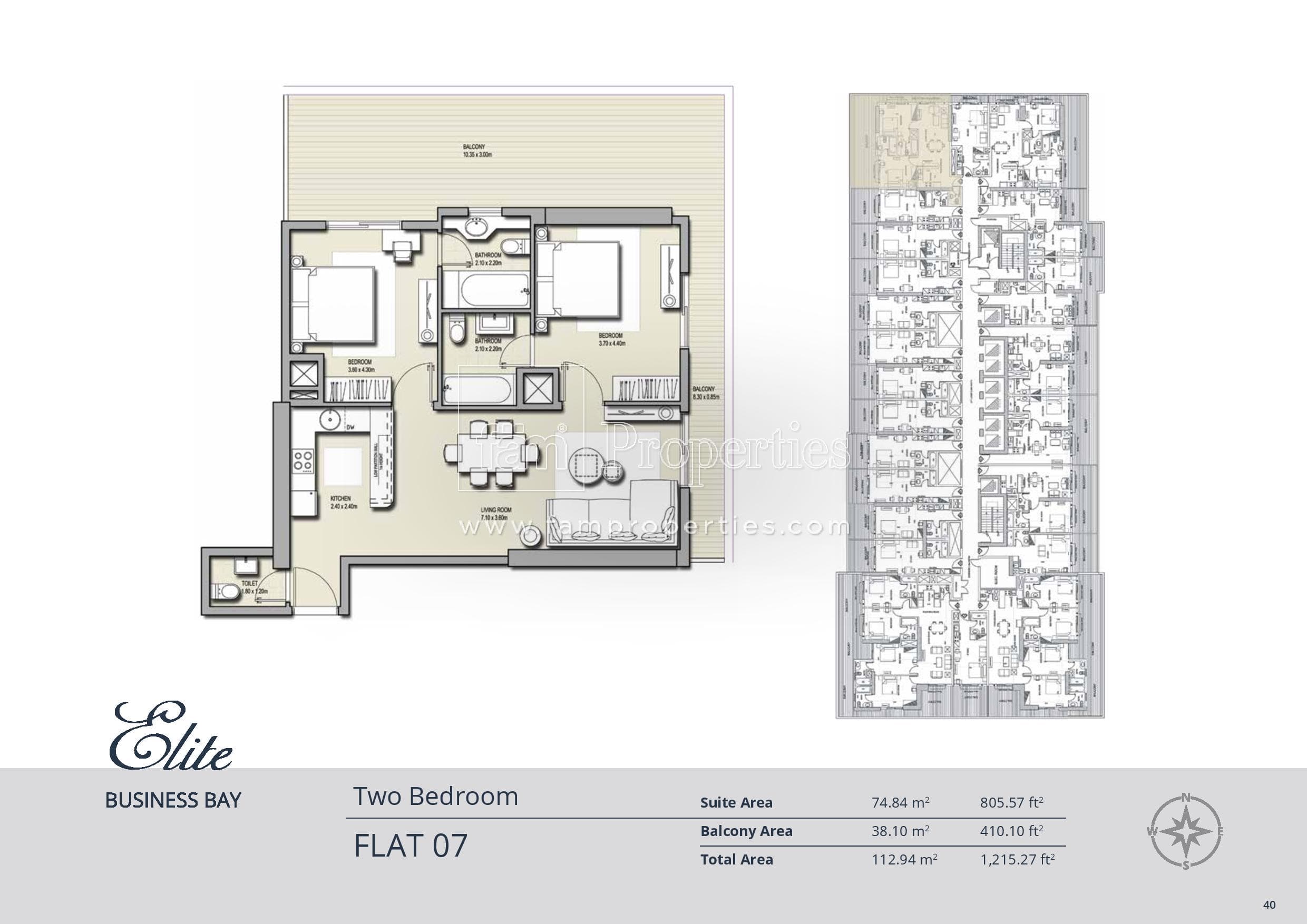 Elite Business Bay Residence, 2-Bed Floor Plan, type: 2 Bedroom