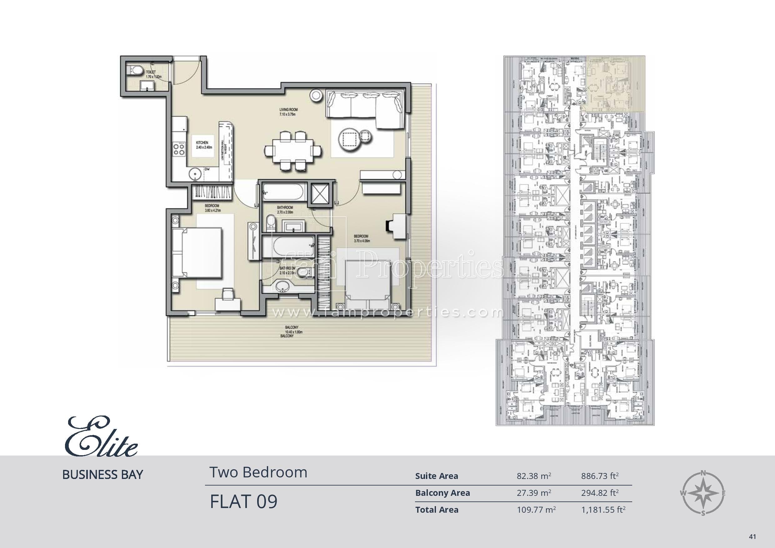 Elite Business Bay Residence, 2-Bed Floor Plan, type: 2 Bedroom