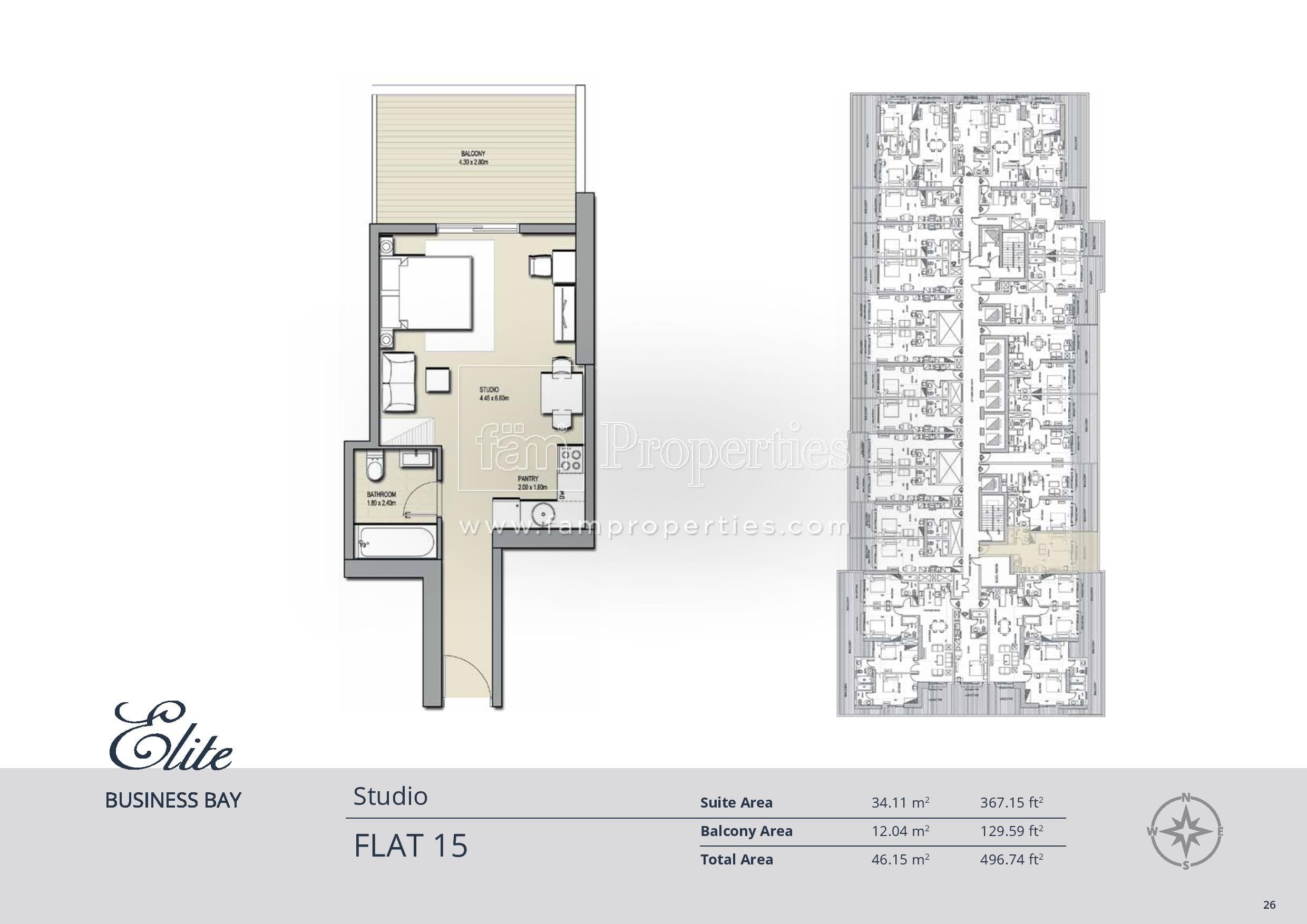 Elite Business Bay Residence, 0-Bed Floor Plan, type: Studio
