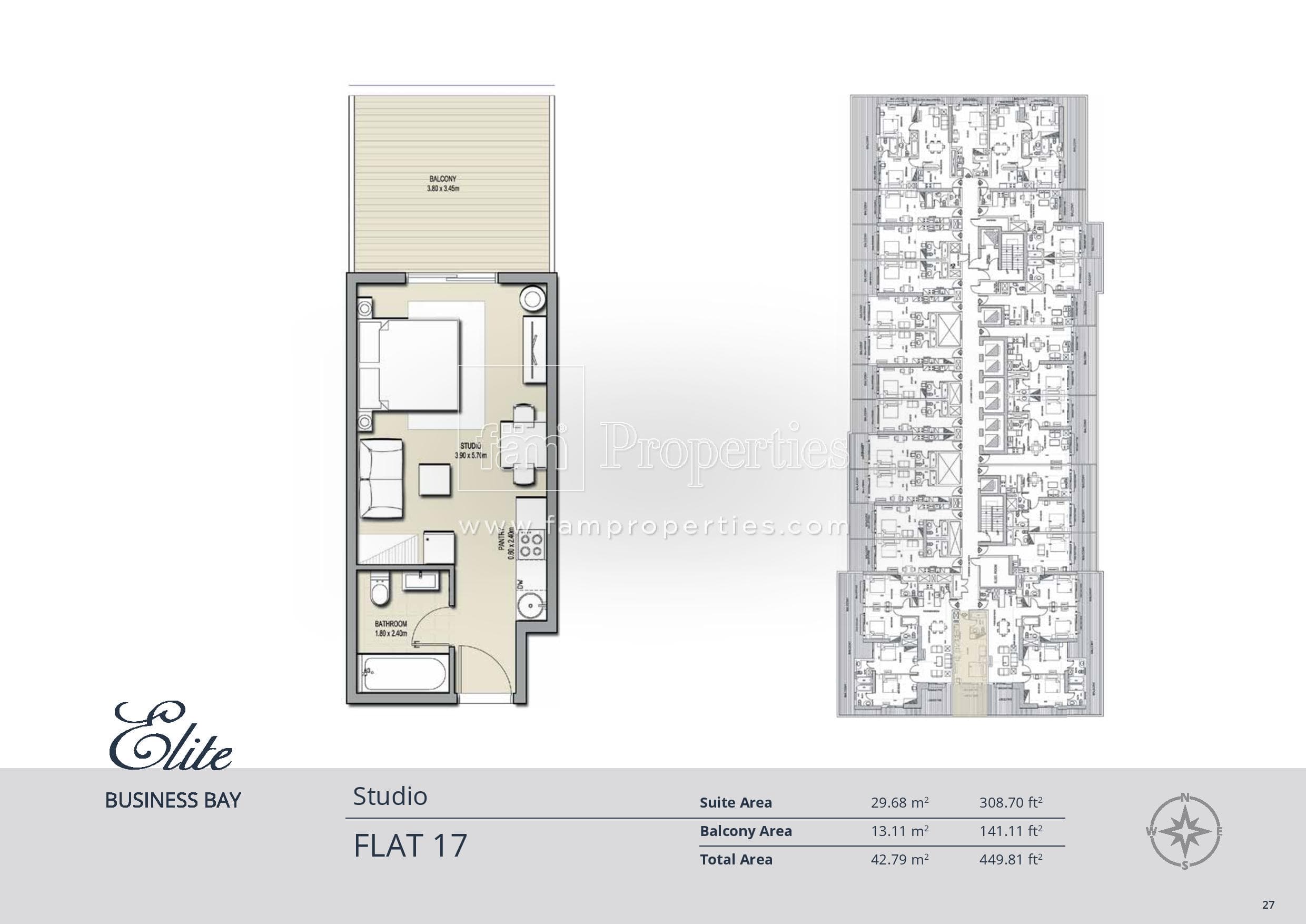 Elite Business Bay Residence, 0-Bed Floor Plan, type: Studio