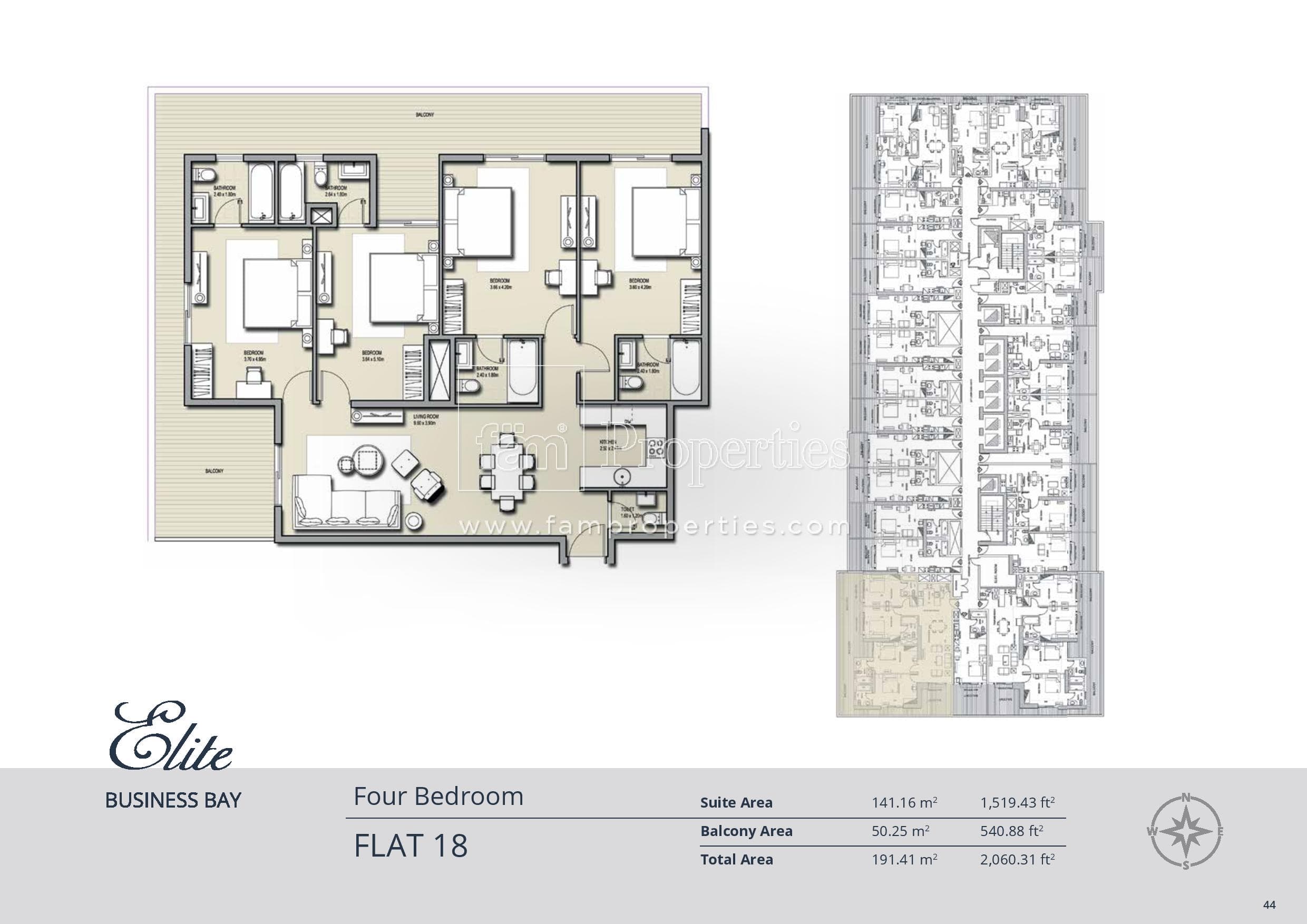 Elite Business Bay Residence, 4-Bed Floor Plan, type: 4 Bedroom