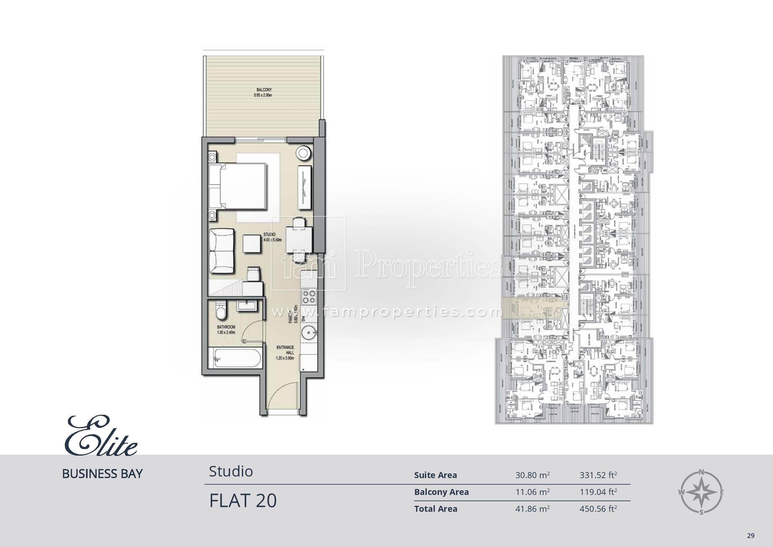 Elite Business Bay Residence, 0-Bed Floor Plan, type: Studio