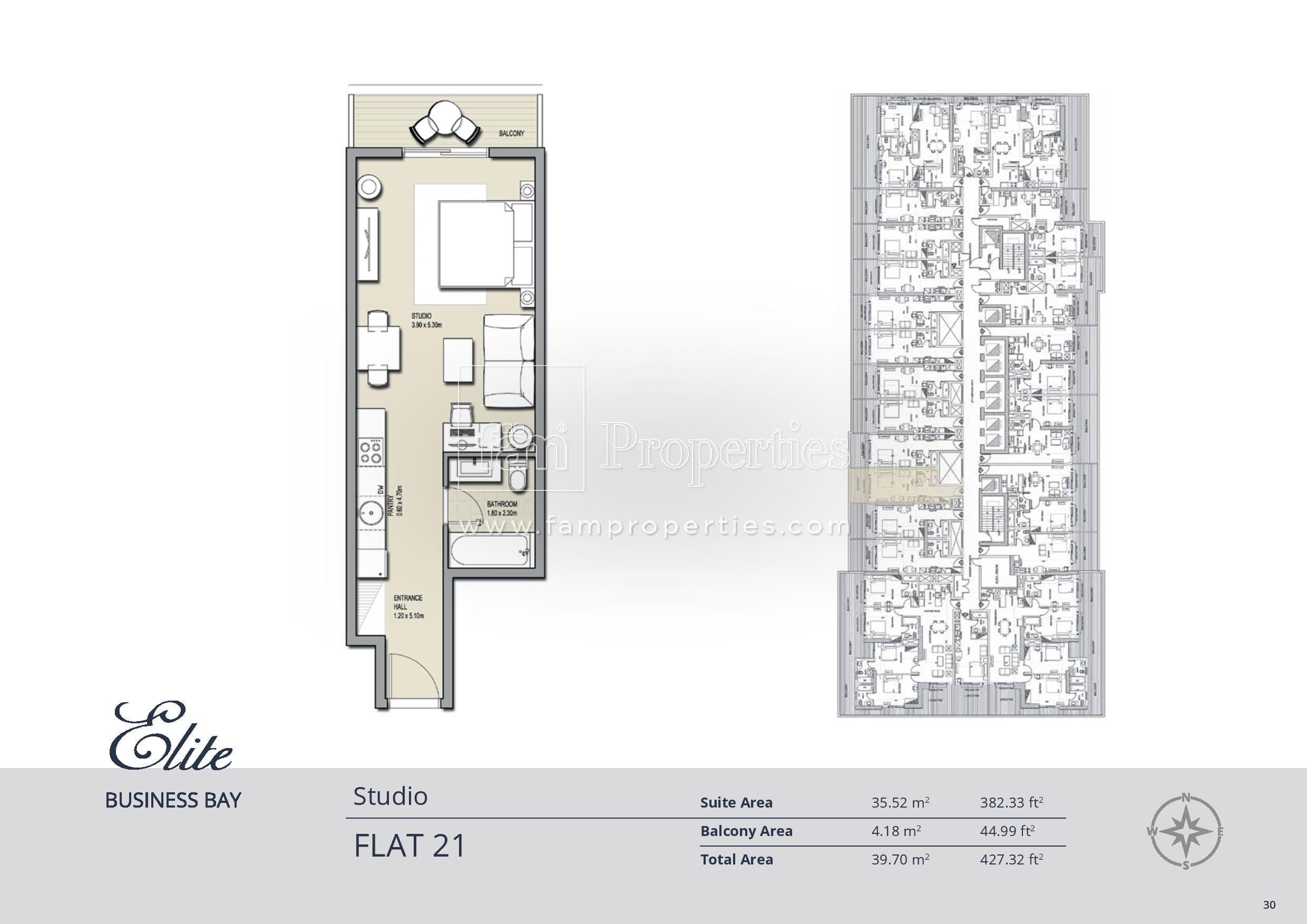 Elite Business Bay Residence, 0-Bed Floor Plan, type: Studio