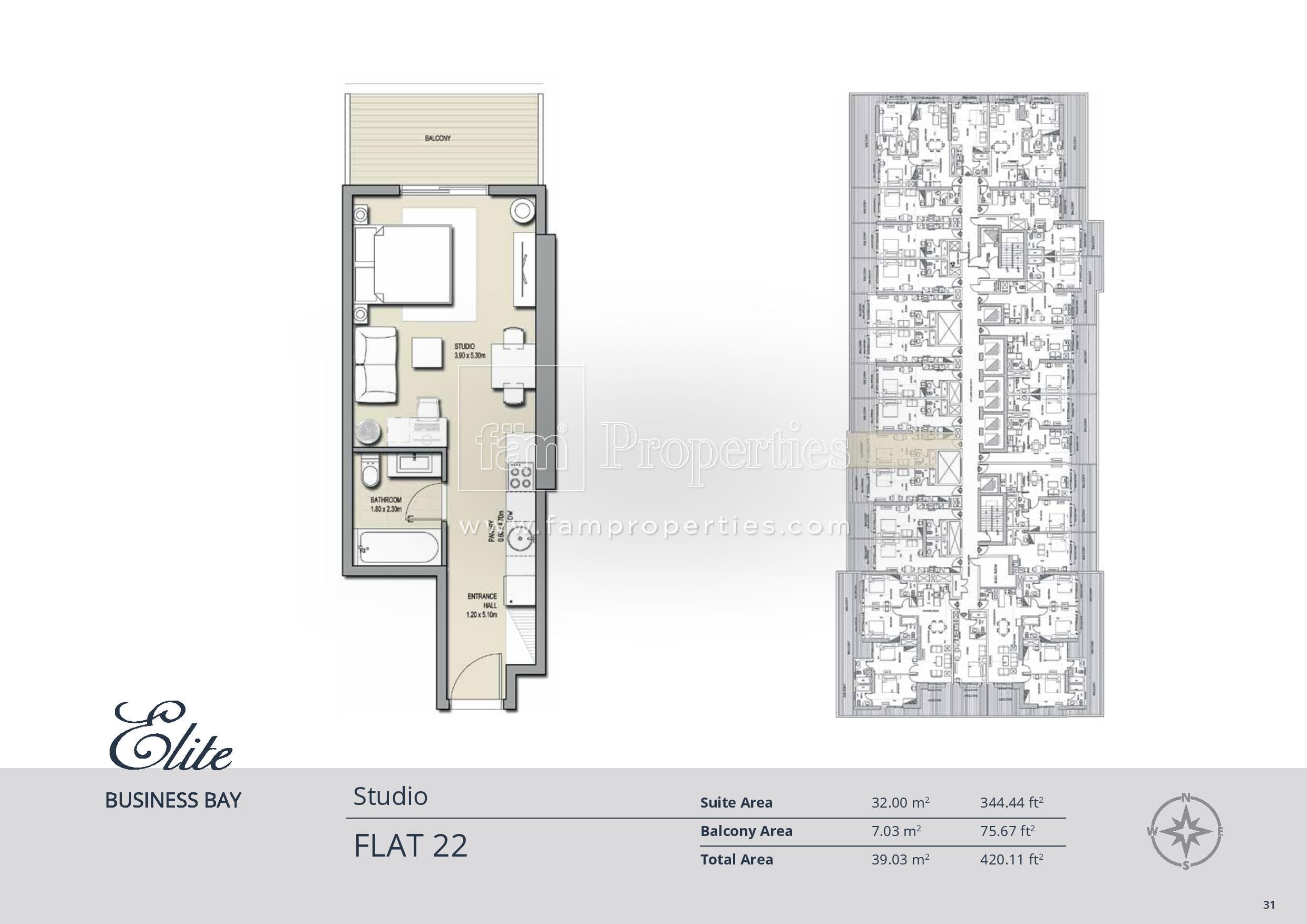 Elite Business Bay Residence, 0-Bed Floor Plan, type: Studio