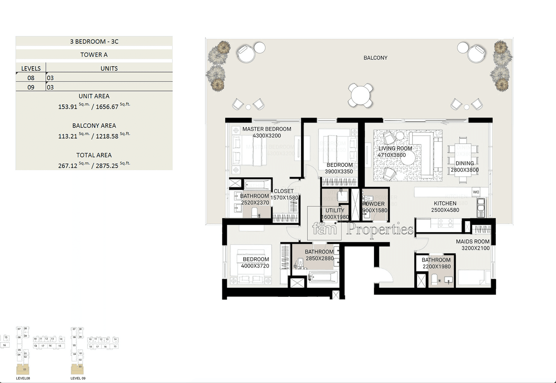 Executive Residences, 3-Bed Floor Plan, type: 3 Bedroom