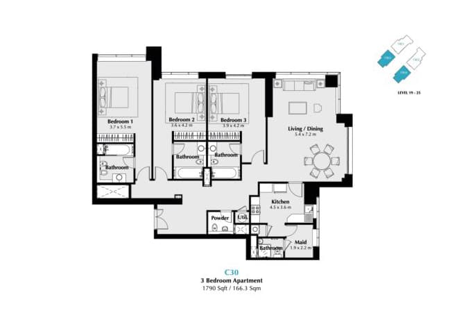 Executive Tower C (East Heights 3), 3-Bed Floor Plan, type: 3 Bedroom