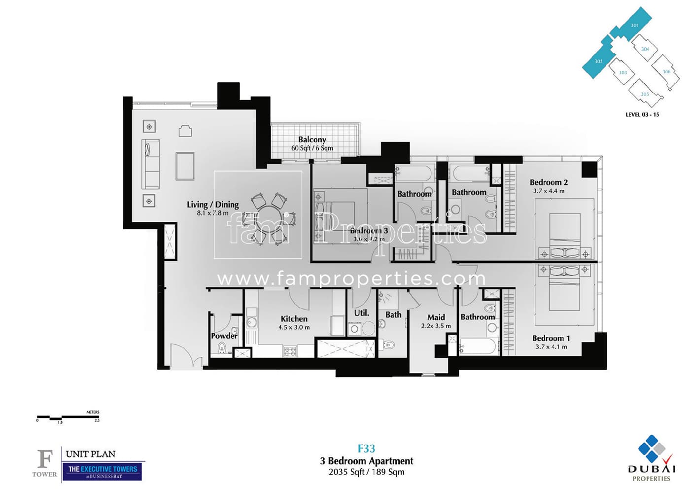 Executive Tower F (East Heights 1), 3-Bed Floor Plan, type: 3 Bedroom