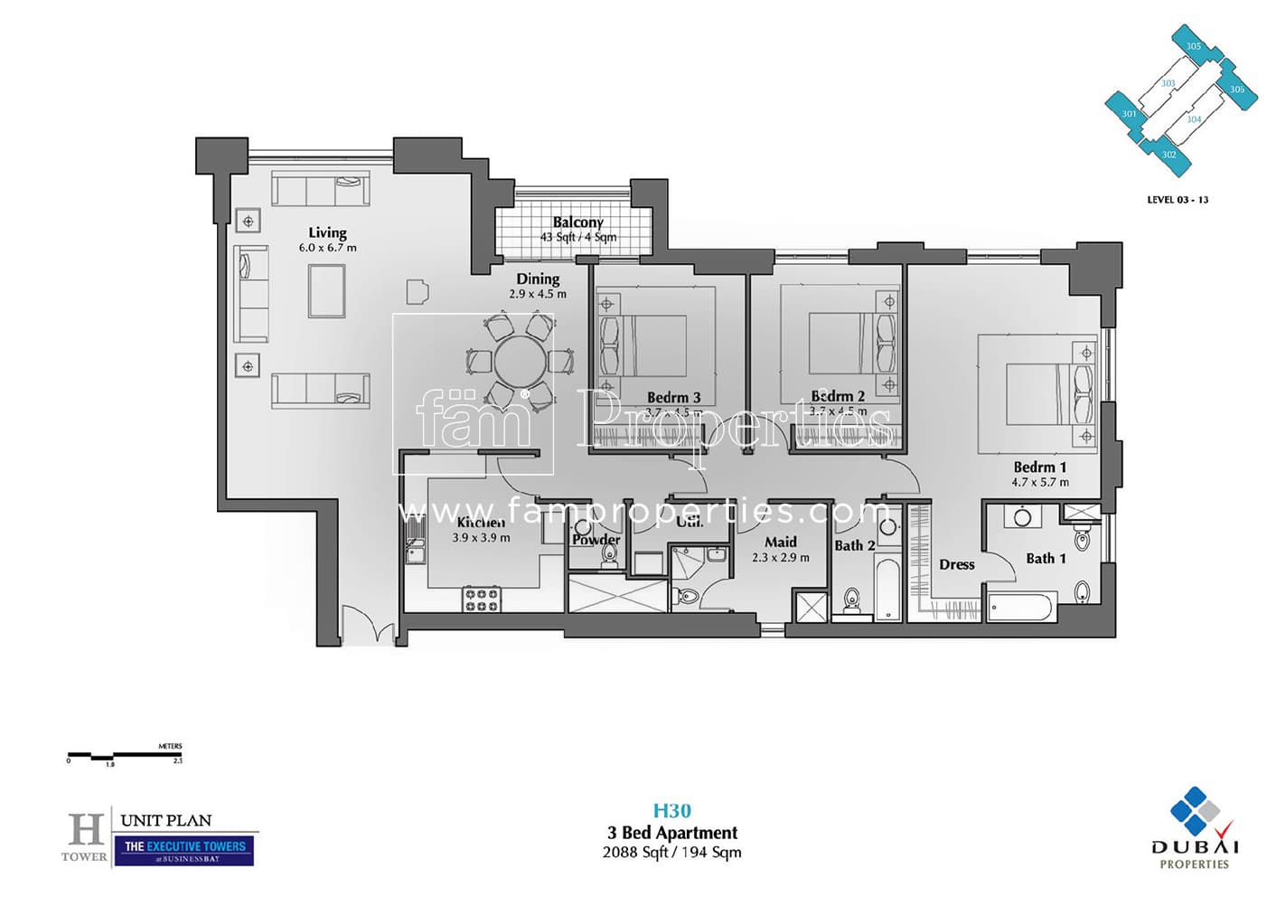 Executive Tower H (West Heights 5), 3-Bed Floor Plan, type: 3 Bedroom