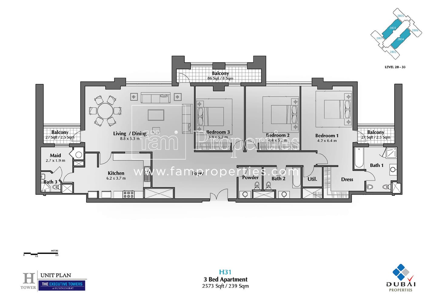 Executive Tower H (West Heights 5), 3-Bed Floor Plan, type: 3 Bedroom