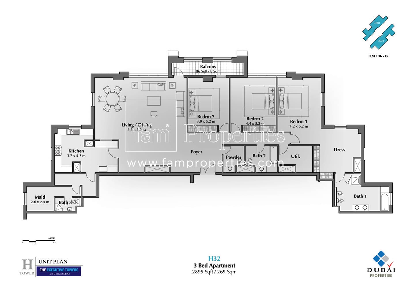 Executive Tower H (West Heights 5), 3-Bed Floor Plan, type: 3 Bedroom