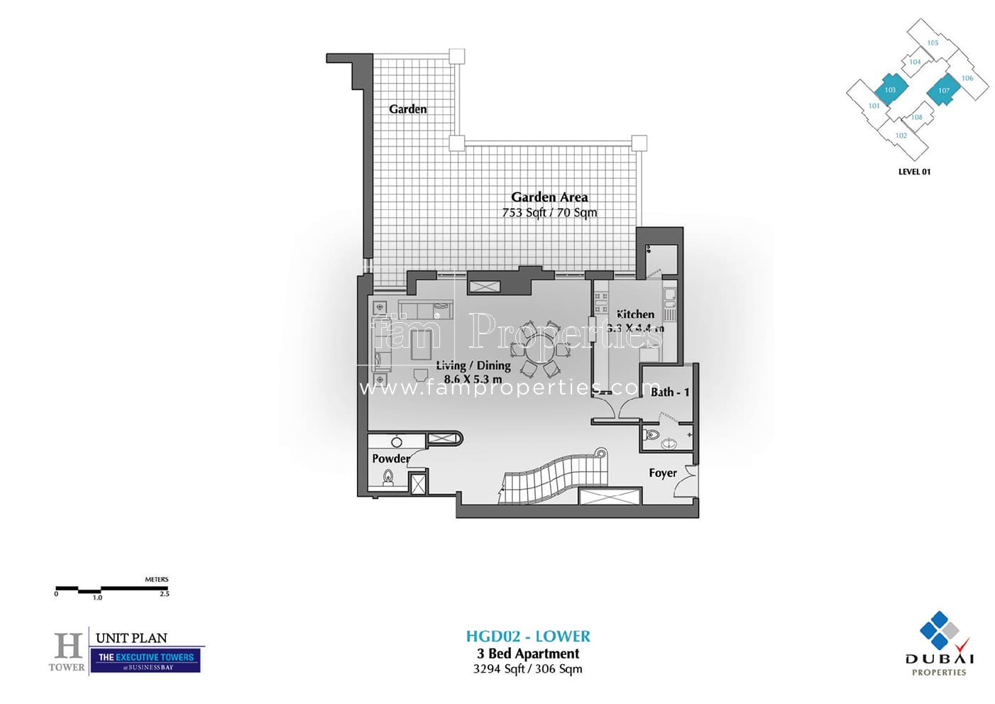 Executive Tower H (West Heights 5), 3-Bed Floor Plan, type: 3 Bedroom