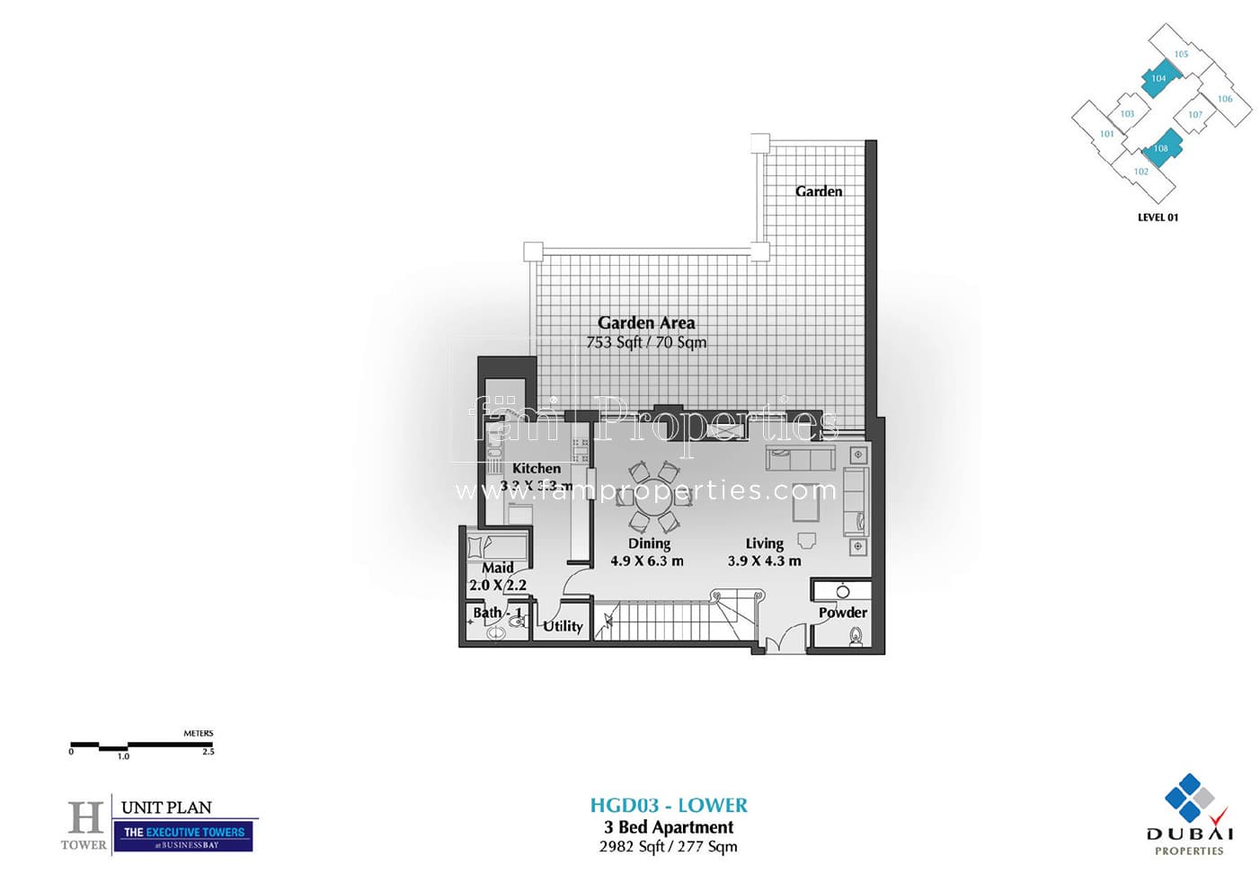 Executive Tower H (West Heights 5), 3-Bed Floor Plan, type: 3 Bedroom