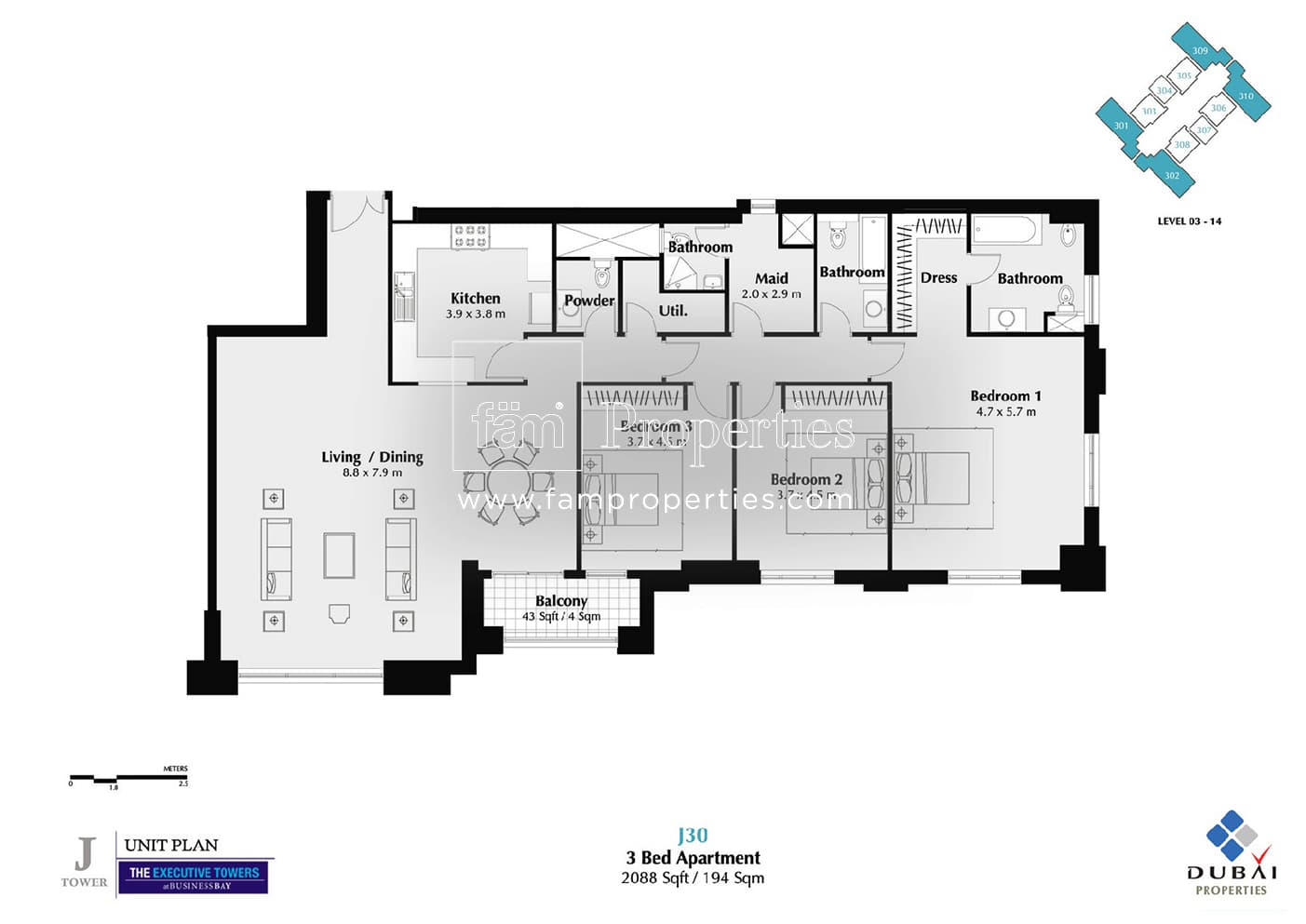 Executive Tower J (West Heights 4), 3-Bed Floor Plan, type: 3 Bedroom