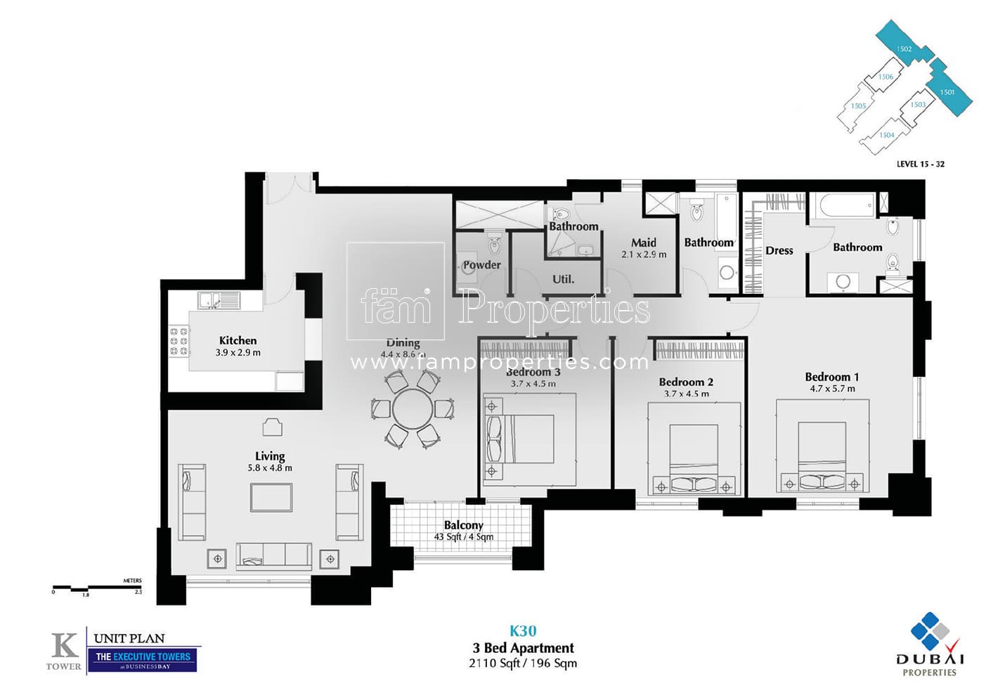 Executive Tower K (West Heights 3), 3-Bed Floor Plan, type: 3 Bedroom