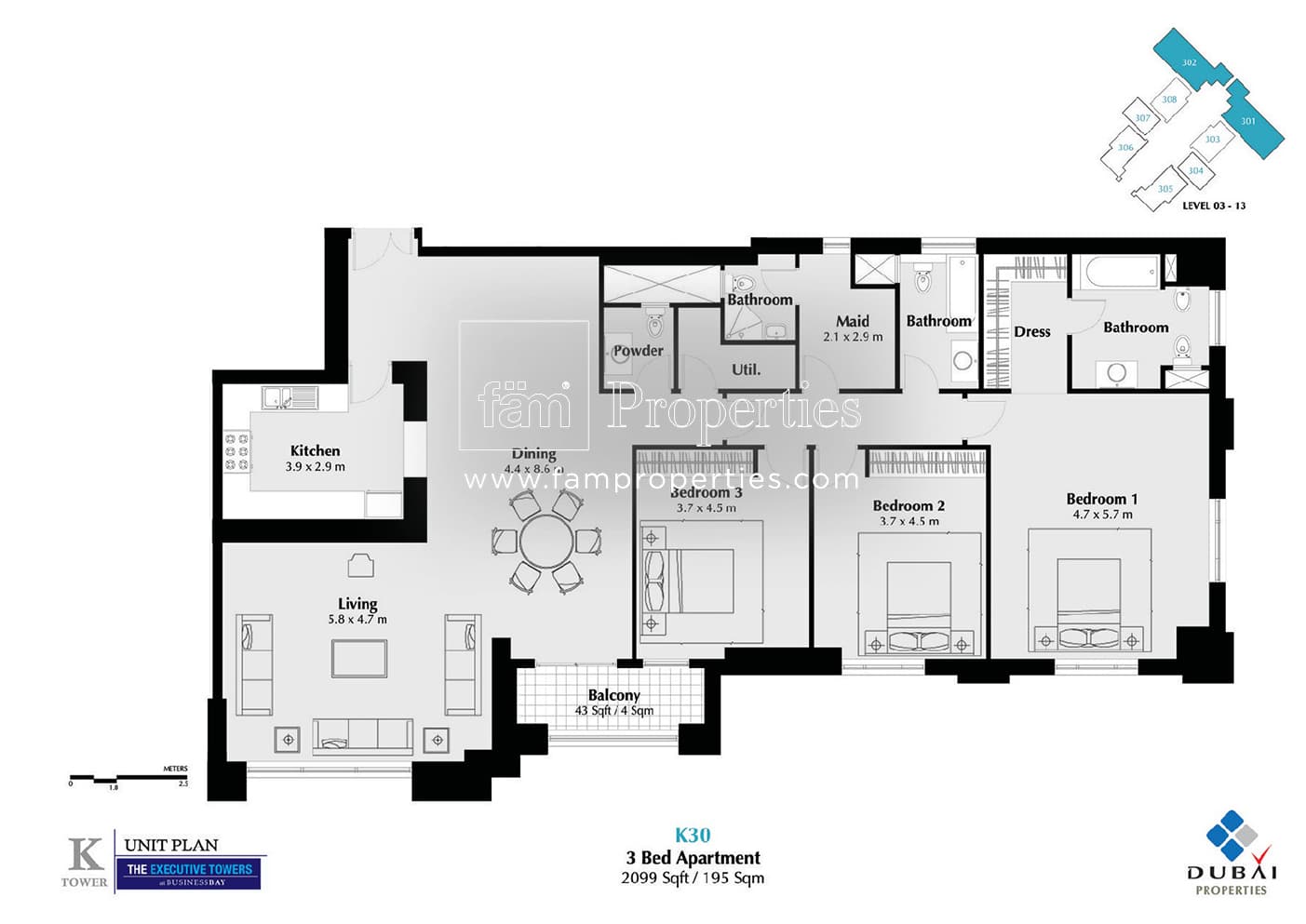 Executive Tower K (West Heights 3), 3-Bed Floor Plan, type: 3 Bedroom
