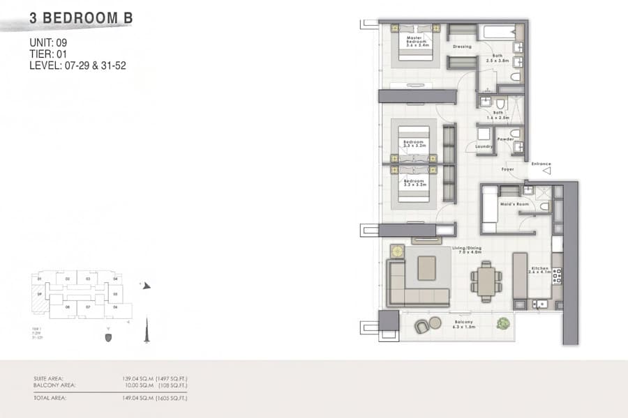 Forte 1, 3-Bed Floor Plan, type: B Unit 09
