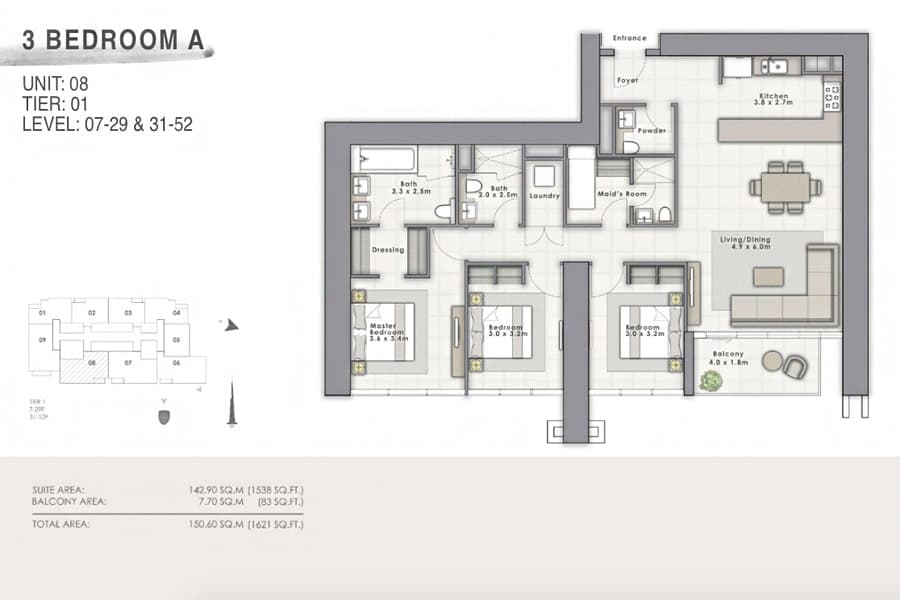 Forte 1, 3-Bed Floor Plan, type: A Unit 08