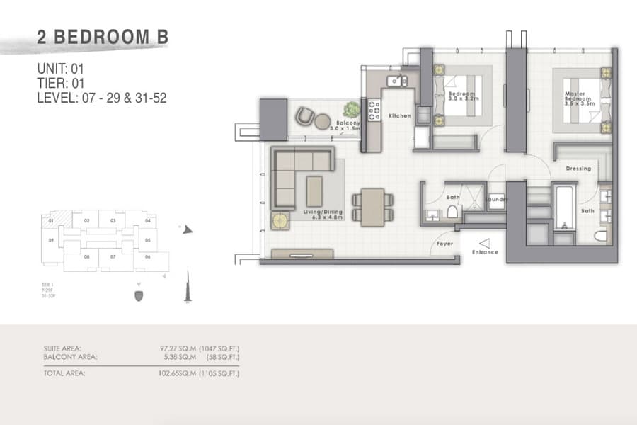 Forte 1, 2-Bed Floor Plan, type: B Unit 01