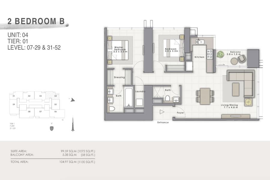 Forte 1, 2-Bed Floor Plan, type: B Unit 04