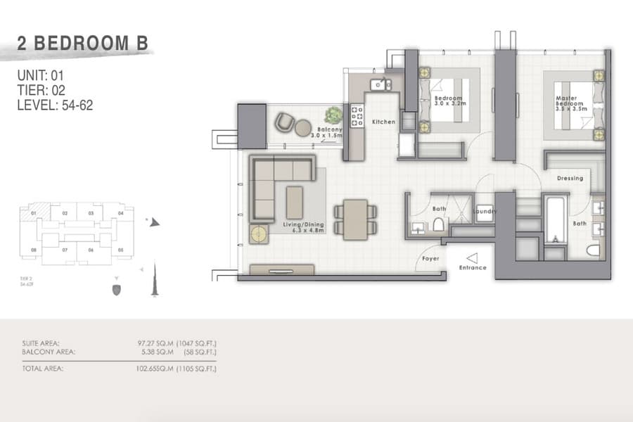 Forte 1, 2-Bed Floor Plan, type: B Unit 01