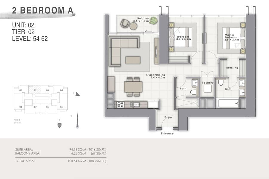 Forte 1, 2-Bed Floor Plan, type: A Unit 02